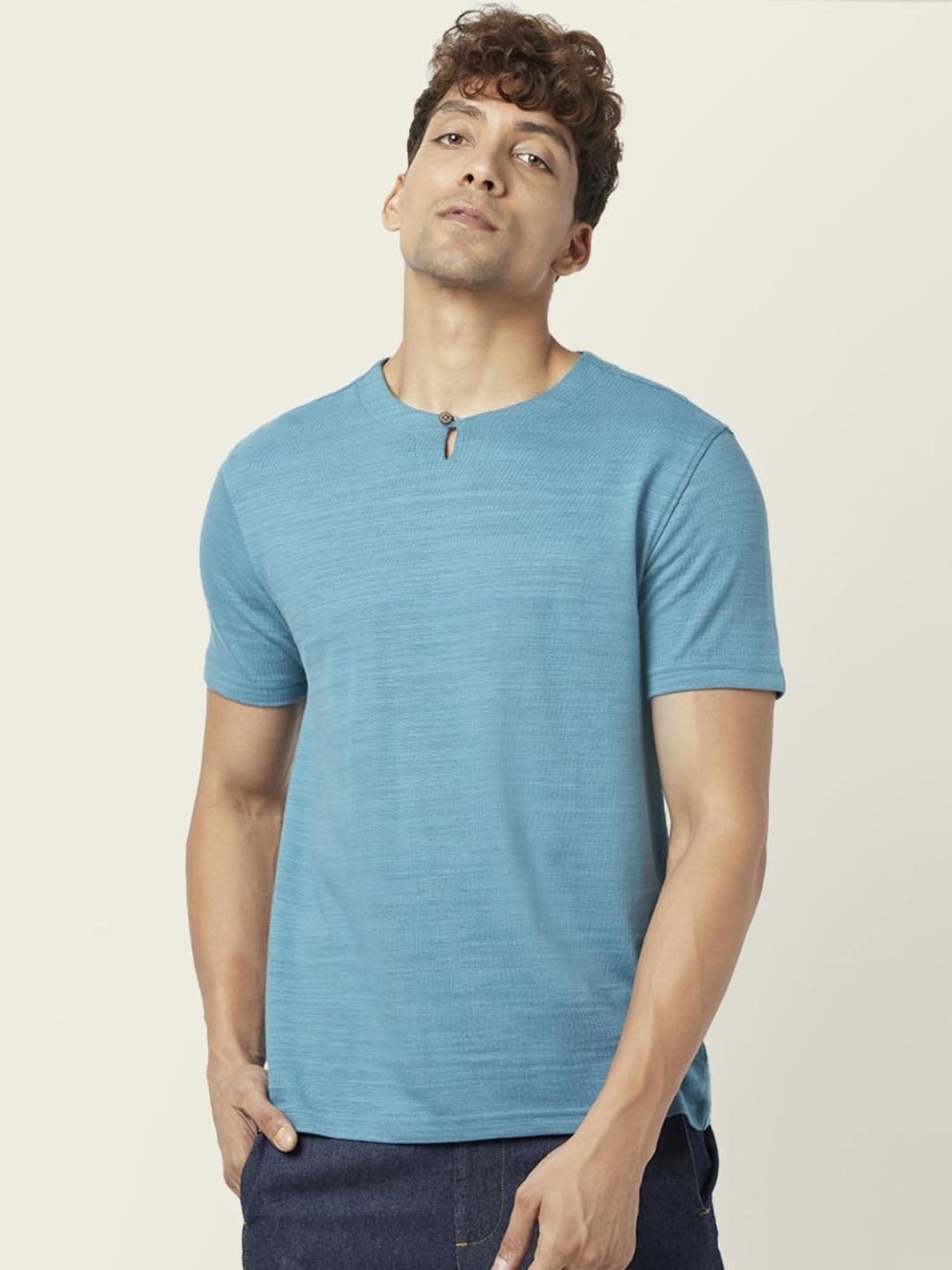 7 Alt by Pantaloons Dull Blue Cotton Relaxed Fit Polo T-Shirt
