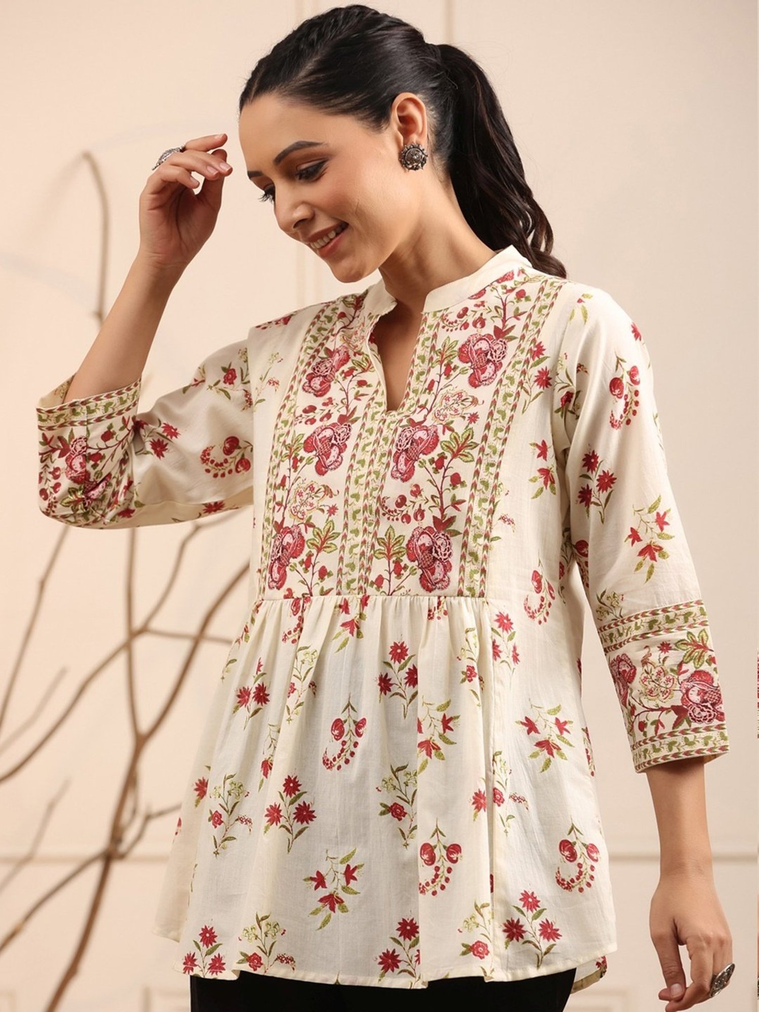 Rain and Rainbow Cream & Pink Cotton Printed Top