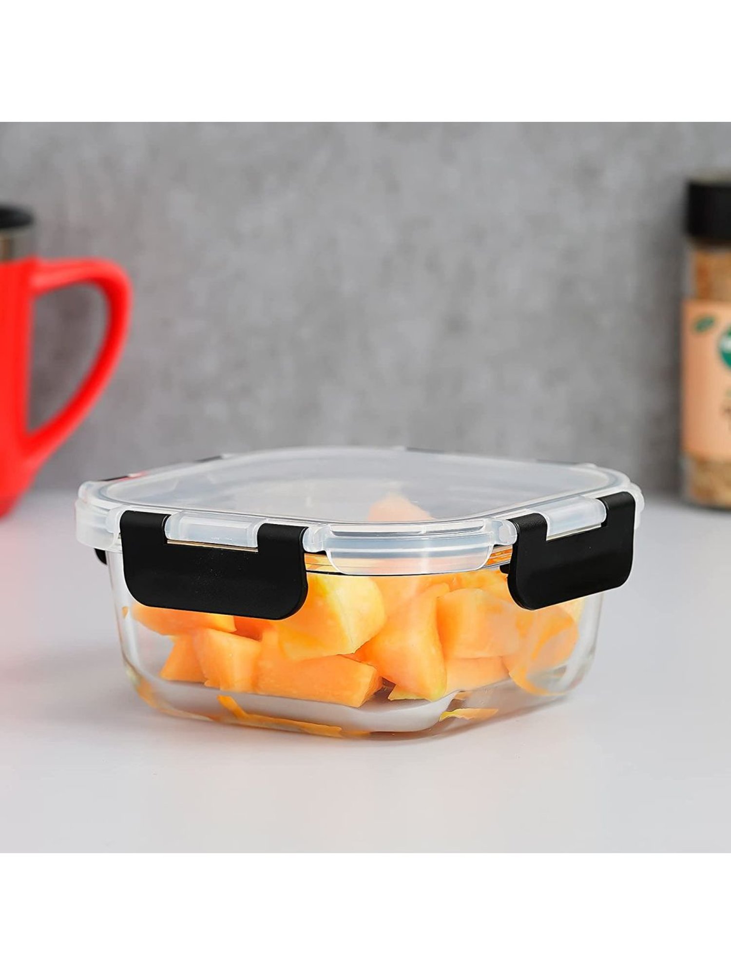 Femora Transparent & Black Borosilicate Square Container With Lid - Set of 1