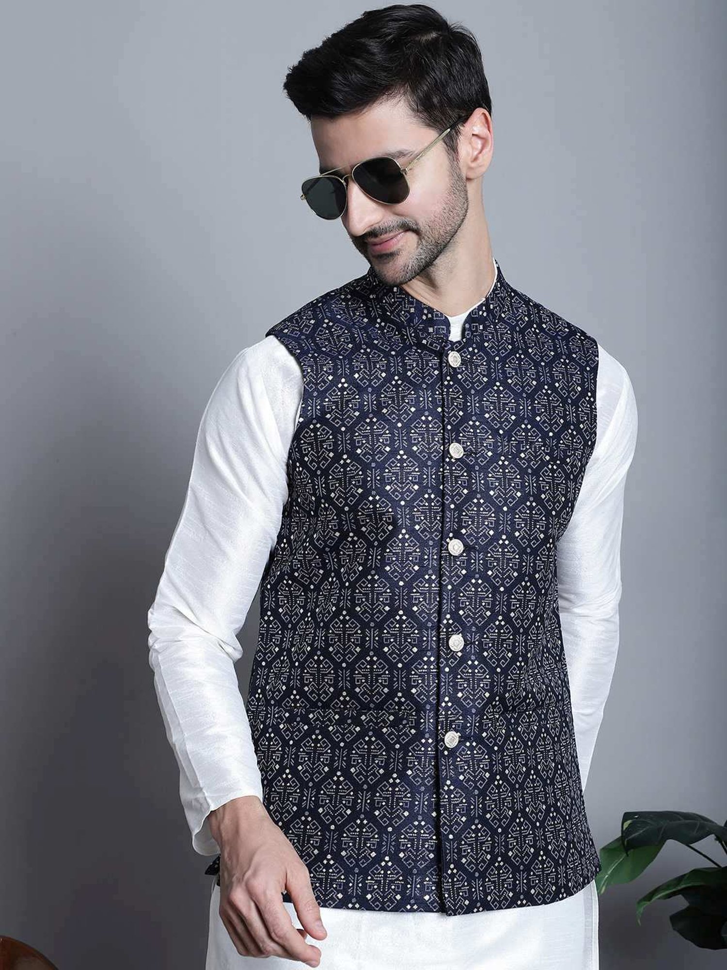 Jompers Navy  Regular Fit Printed Nehru Jacket