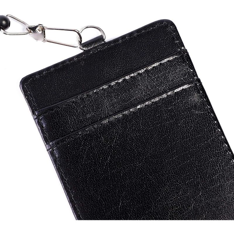 Juvale Retractable Reel with Genuine Leather Vertical Badge ID Card Holder, 2 Back Slots for Extra Cards, Black