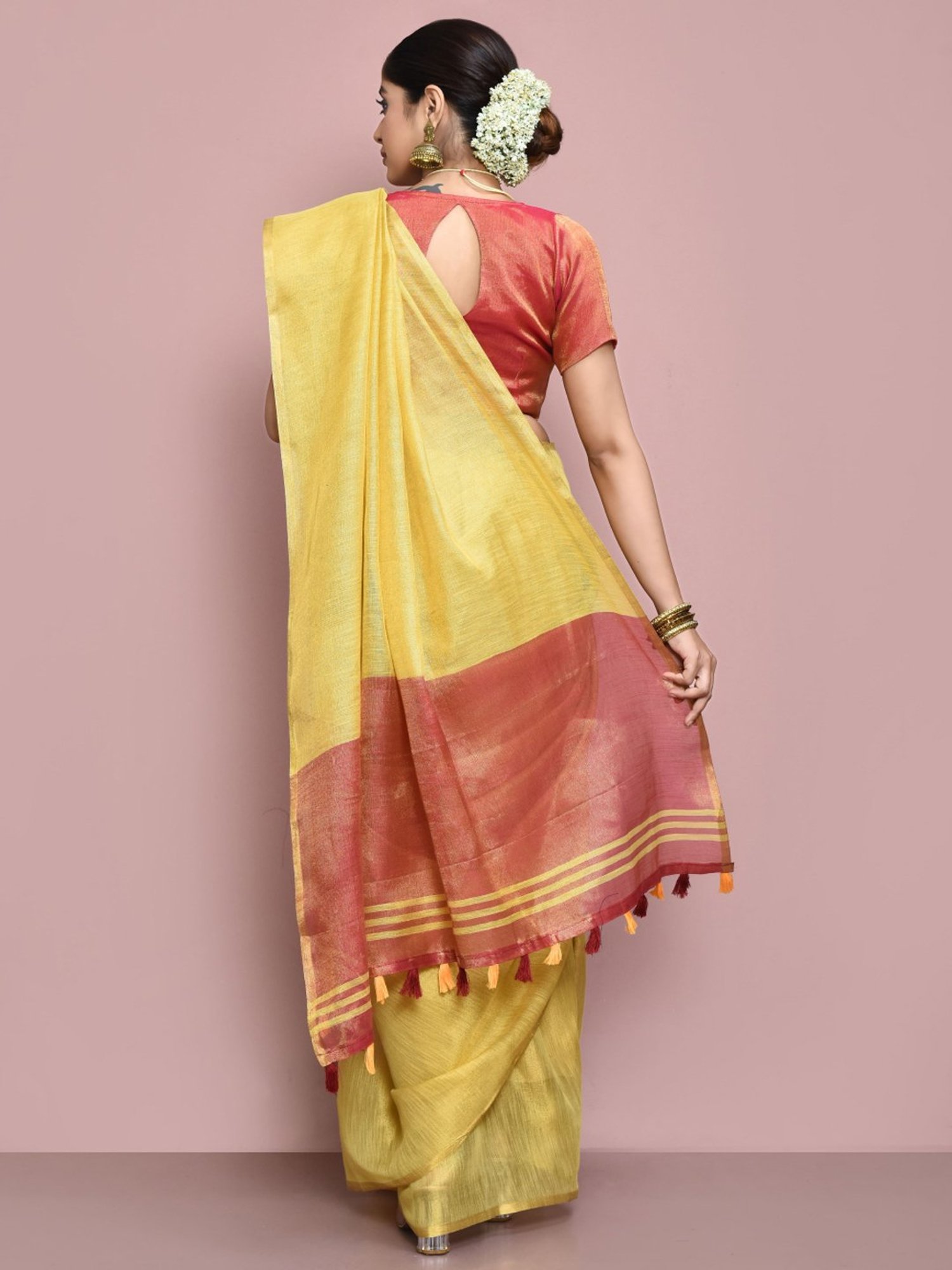 Elora Yellow Linen Saree With Unstitched Blouse
