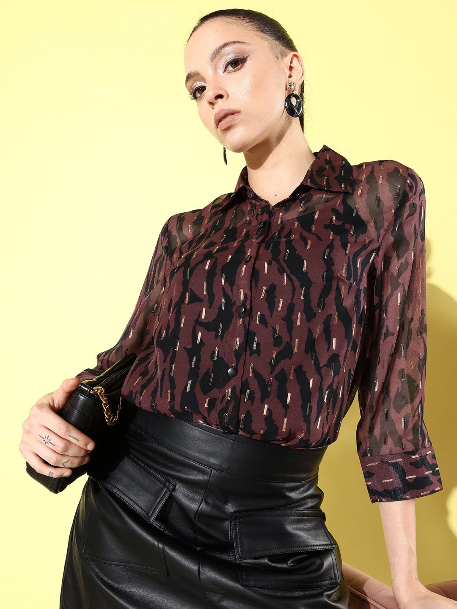 Anvi Be Yourself Brown & Black Printed Long Shirt