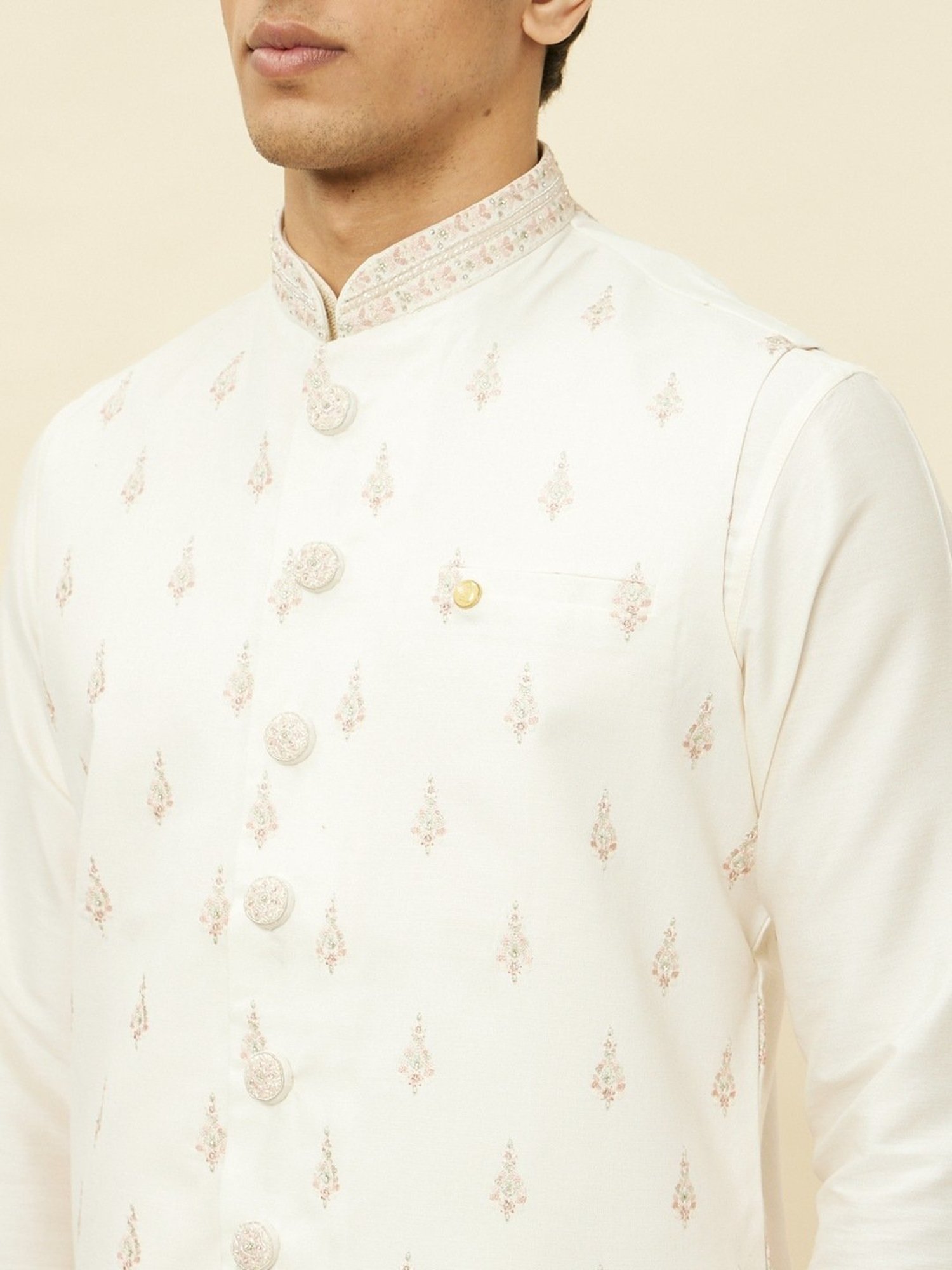 Manyavar Warm White Regular Fit Self Pattern Nehru Jacket