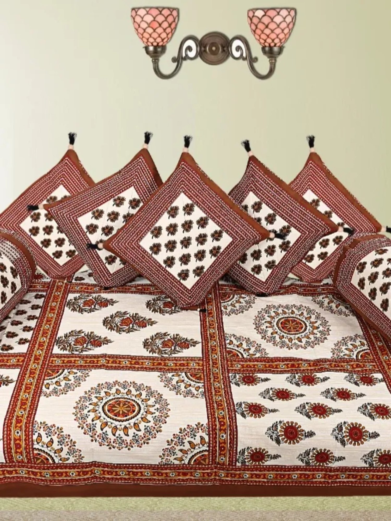 Living Roots Printed Grey 300 TC Cotton Single Diwan - Set of 8