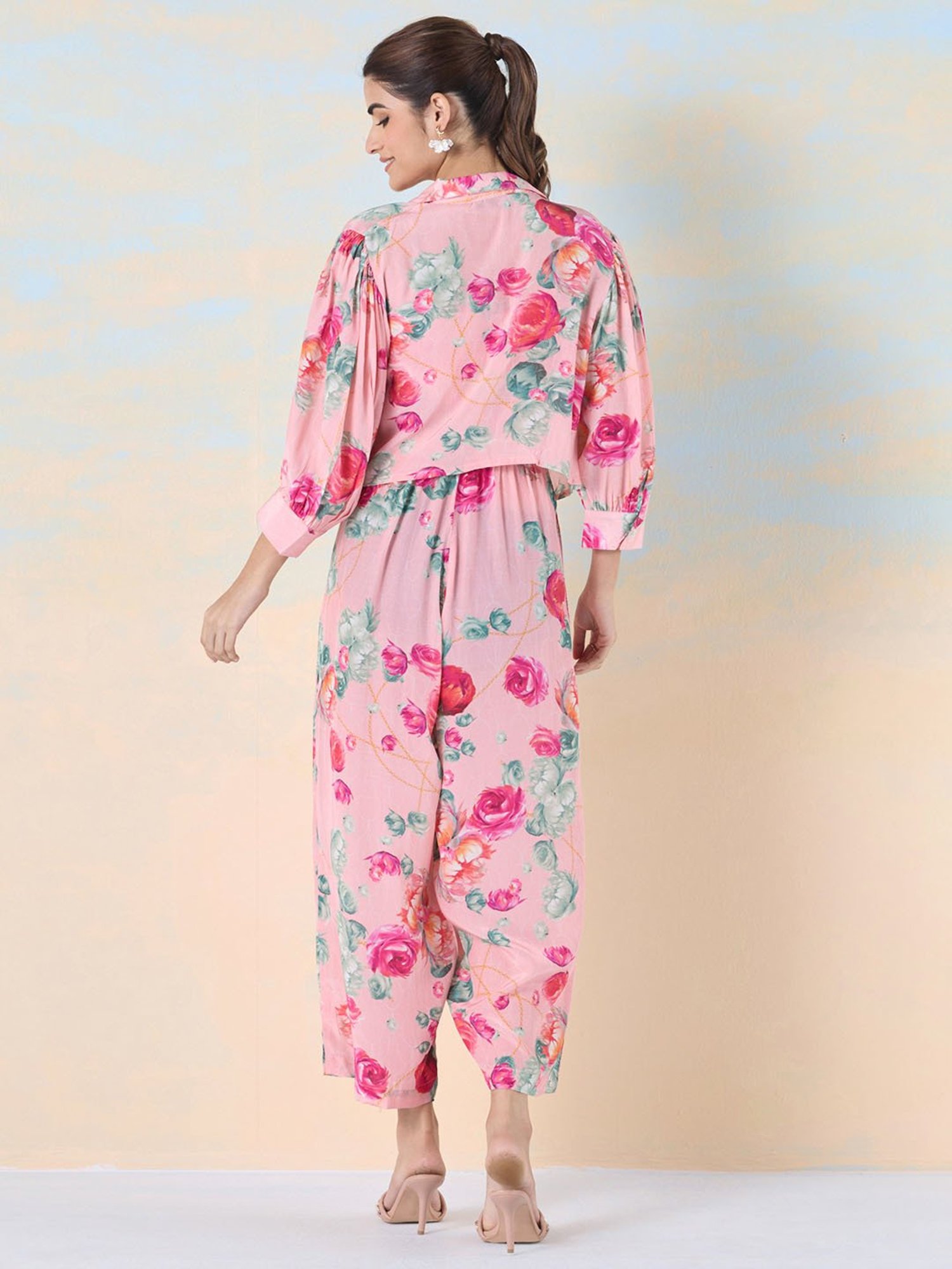 navyasa by liva Pink Floral Print Jumpsuit With Shirt