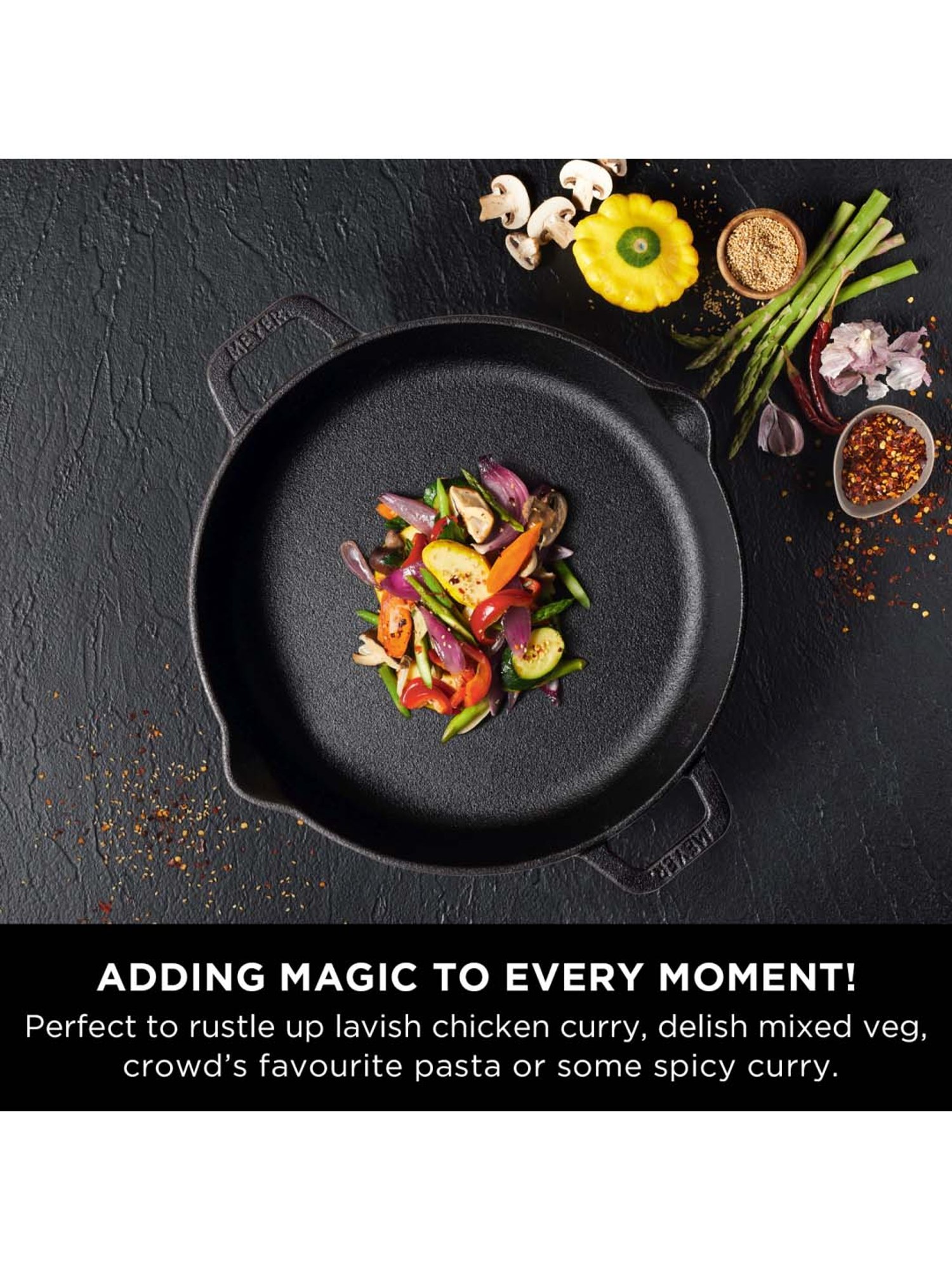 Meyer Pre-Seasoned Cast Iron Skillet With 2 Side Handles 24cm, Black