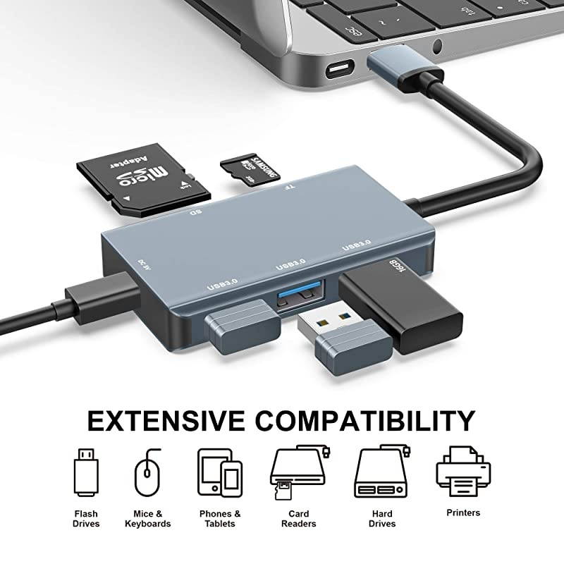 SD Card Reader,  USB 3.0 Card Reader with 3 USB 3.0 Ports + SD & TF Card Slots,5Gbps USB Hub Adapter for MacBook Pro/Air,Computer/Laptop,Windows,iMac,USB Flash Drive,Mobile HDD and More