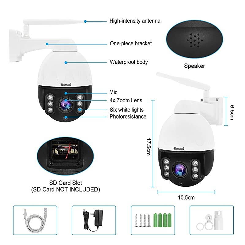 PTZ WiFi IP Camera Outdoor, 1920P HD Wireless Surveillance Camera, 5X Zoom Waterproof Security Camera, 2-Way Audio, Enhanced Night Vision, Smart Detection Alarm, ONVIF, SD Card Slot