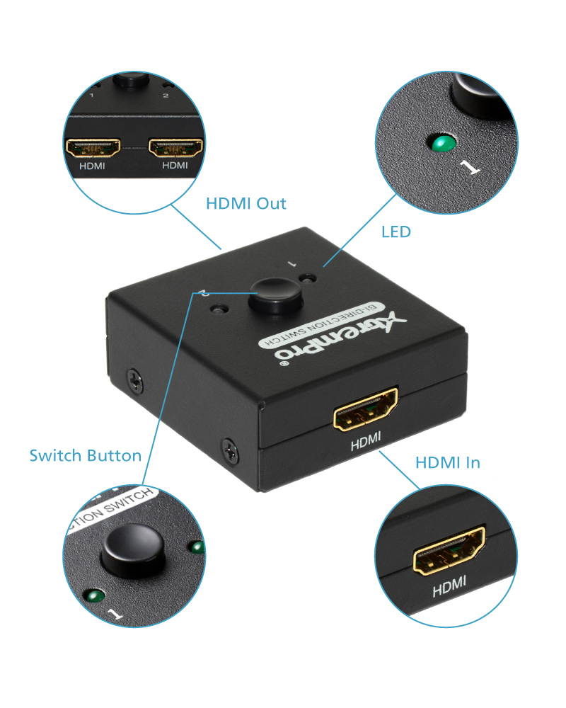 XtremPro 4K HDMI 4K 2 Ports Bi-Direction Switch, 2 x 1 / 1 x 2 Hub-HDCP Passthrough, Supports Ultra HD 4K, 3D, 1080P, 1080i, 720p, No power Source need - Black (61032)