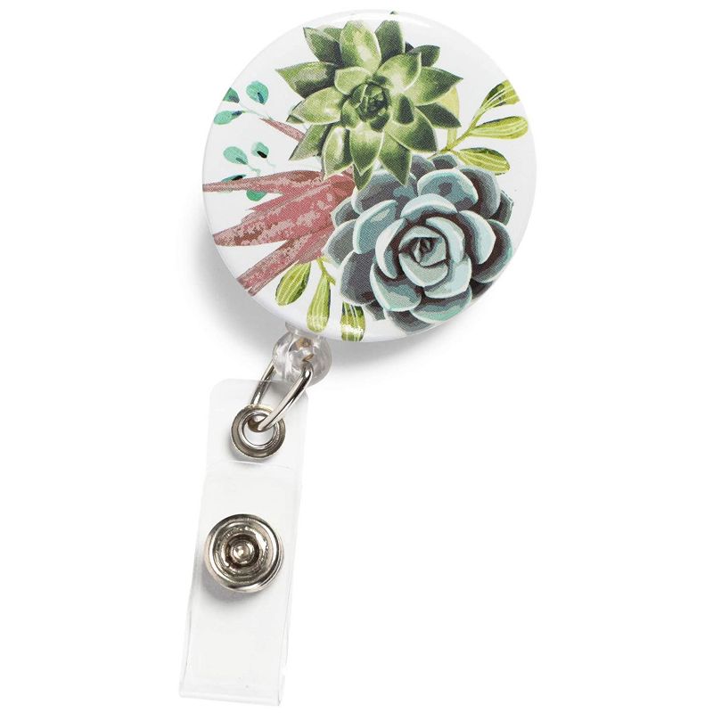 6-Count Retractable Badge Holders with Carabiner Reel Clip for ID/ Name Tag/ Key Card, Green Succulent