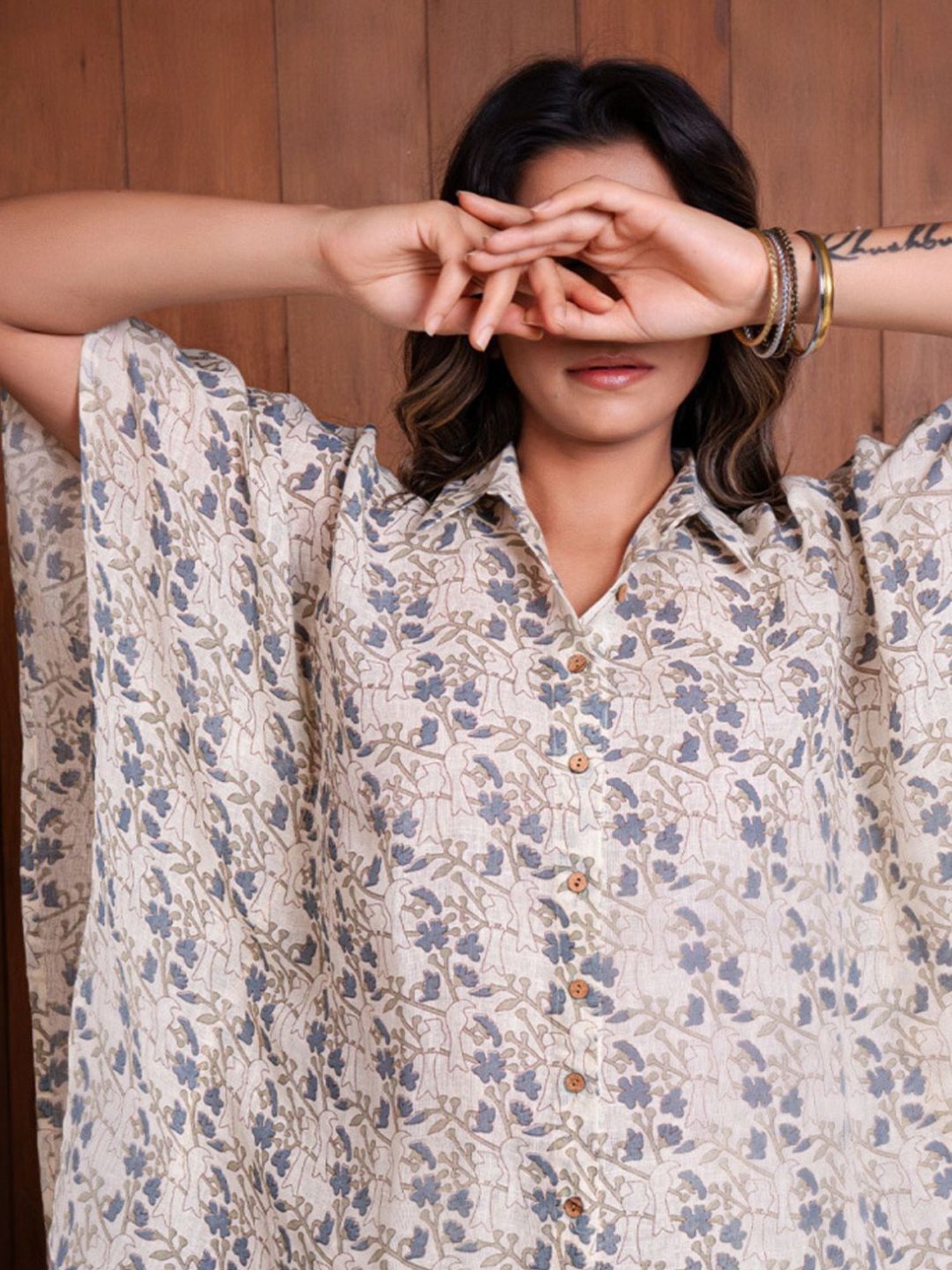 Eeshva India Off White Dove Print Linen Kaftan Style Shirt with Pant