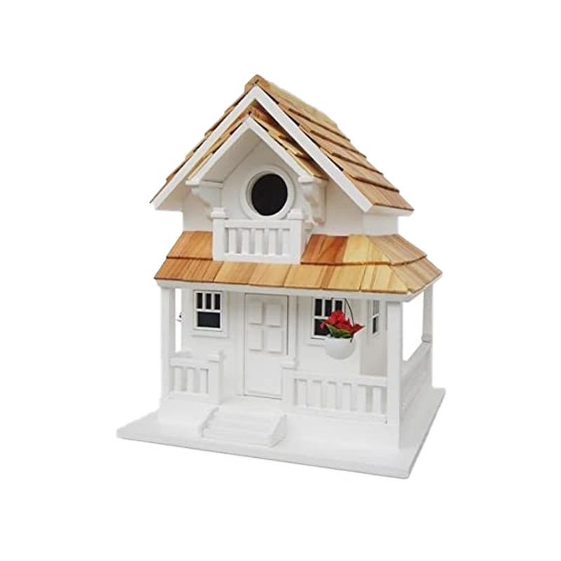 Home Bazaar HB-9045W Handcrafted Outdoor Backyard Decor Cottage Bird House for Finches and More with Pine Roof, White