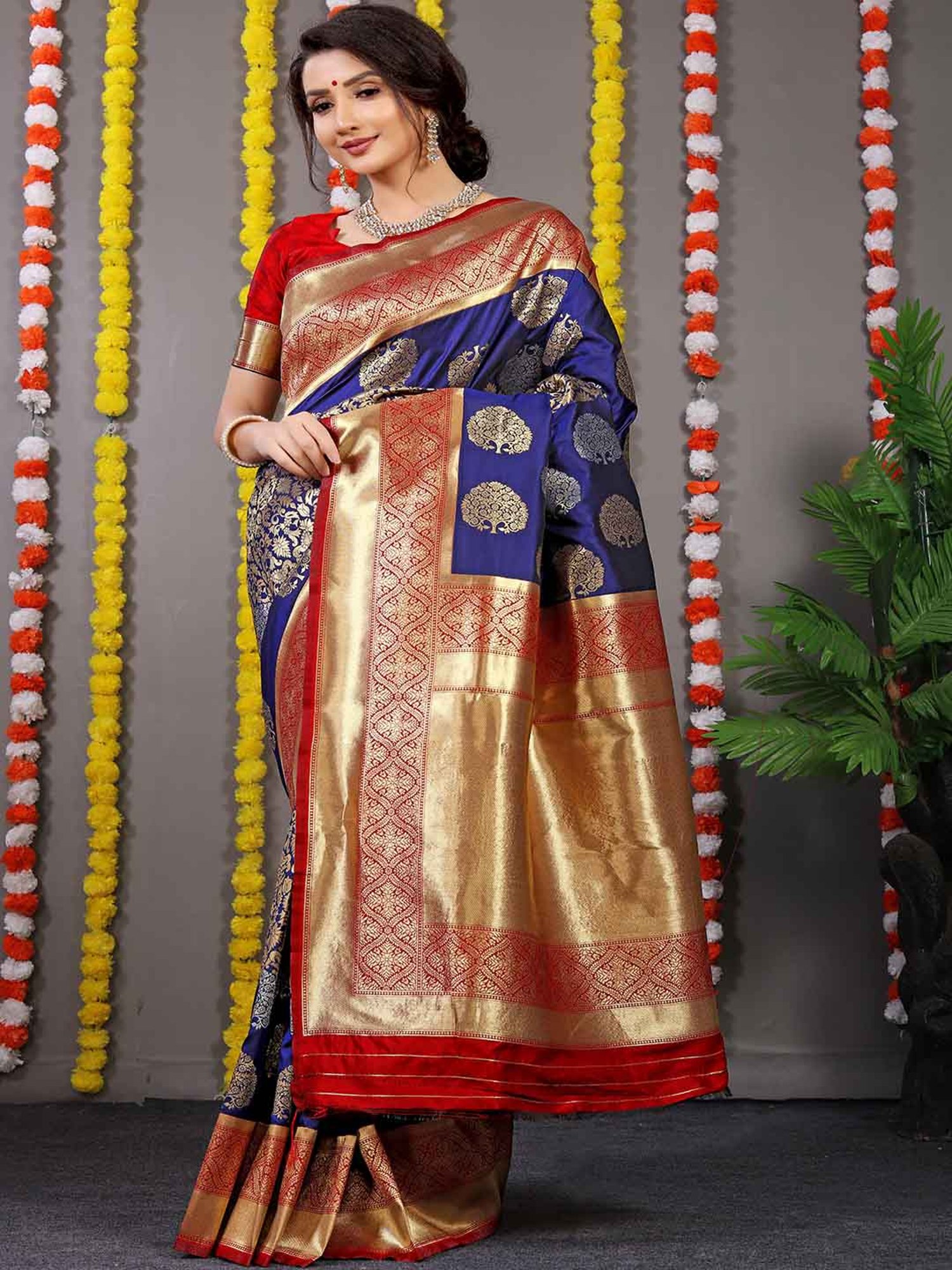 SHUBHKALA Blue Silk Woven Saree With Unstitched Blouse