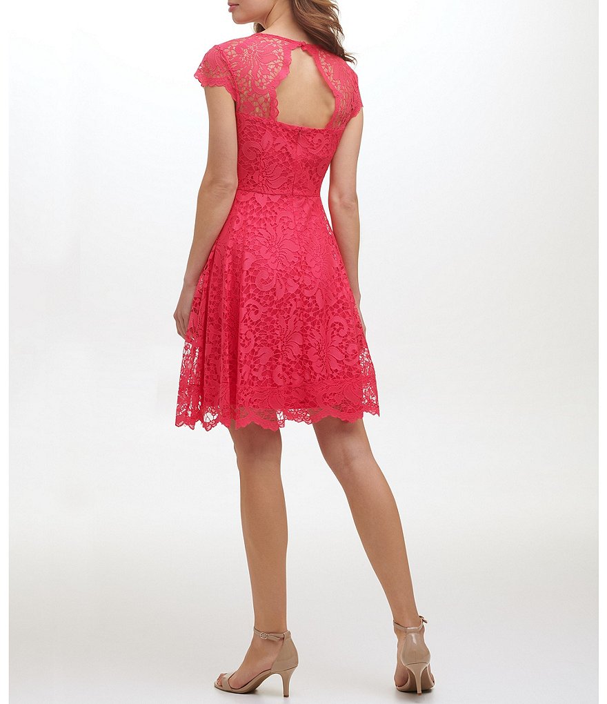 Kensie Illusion Crew Neck Cap Sleeve Lace A-Line Scallop Hem Dress