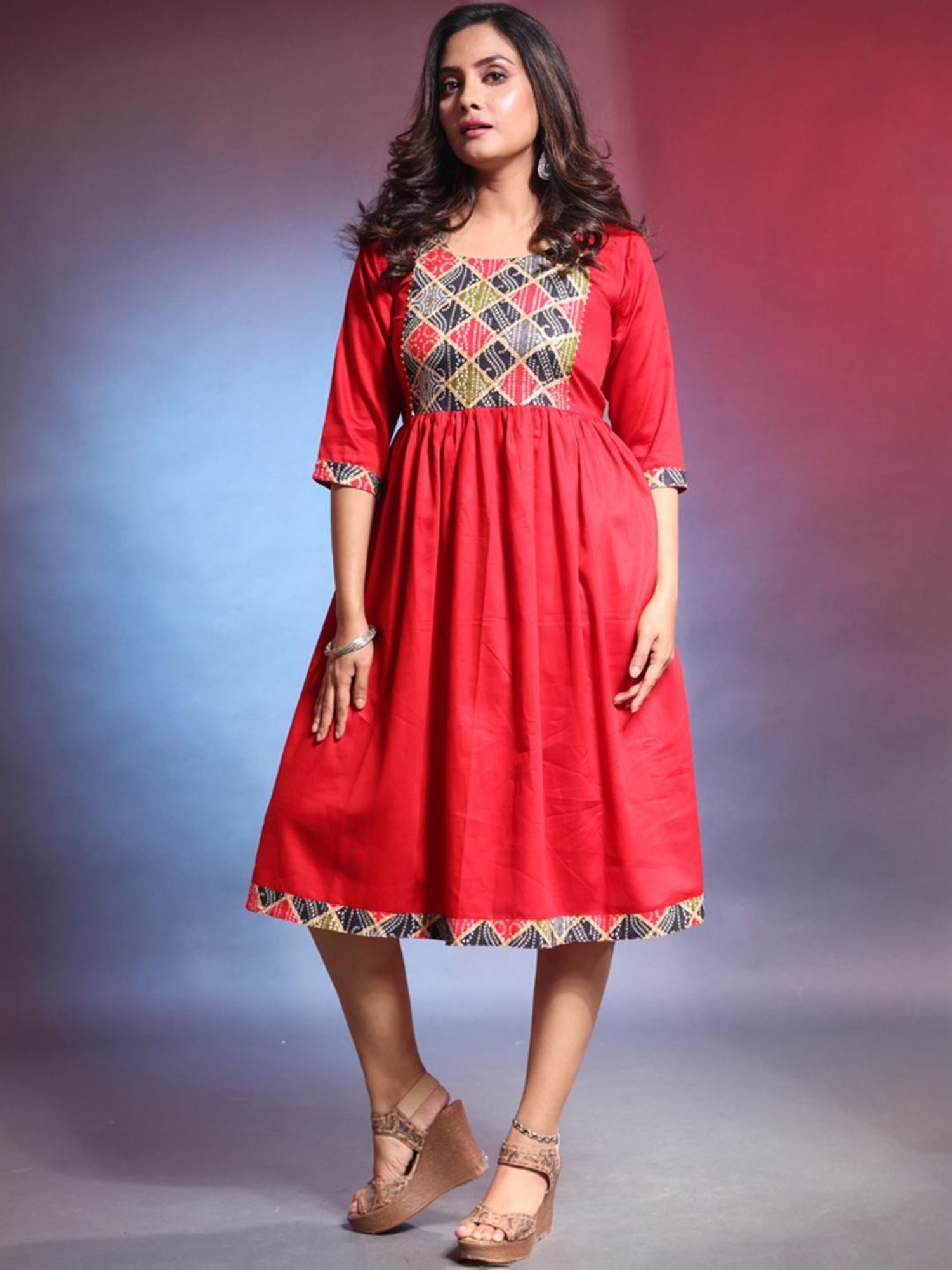 Charukriti Red Printed A-Line Dress
