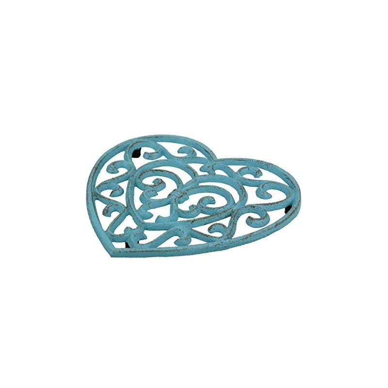 Conservatory Rustic Turquoise Heart Shaped Cast Iron Trivet, Country Blue