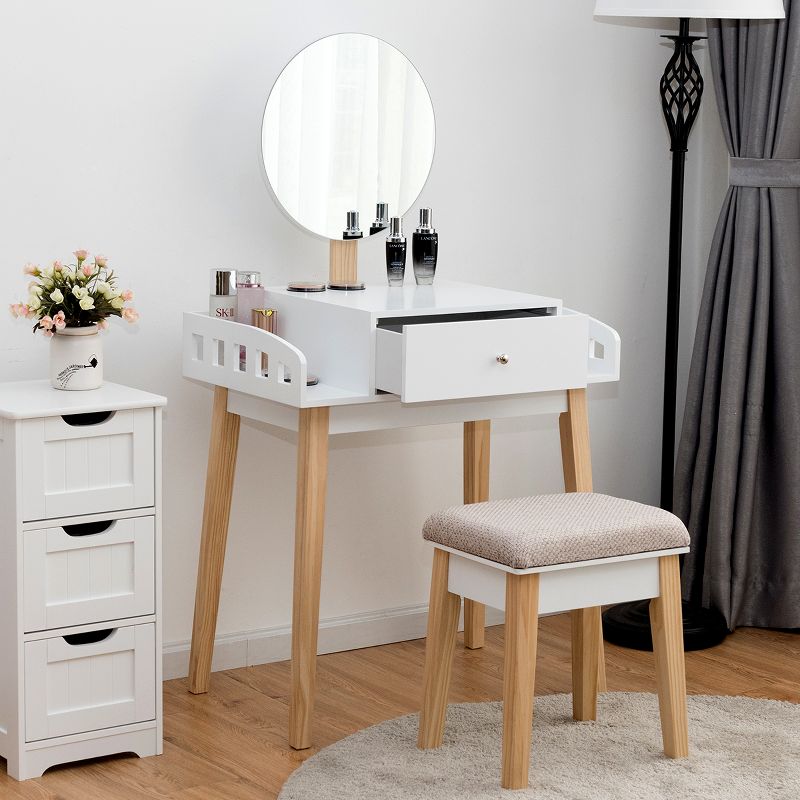 Costway Wooden Vanity Makeup Dressing Table Stool Round 1 Drawer