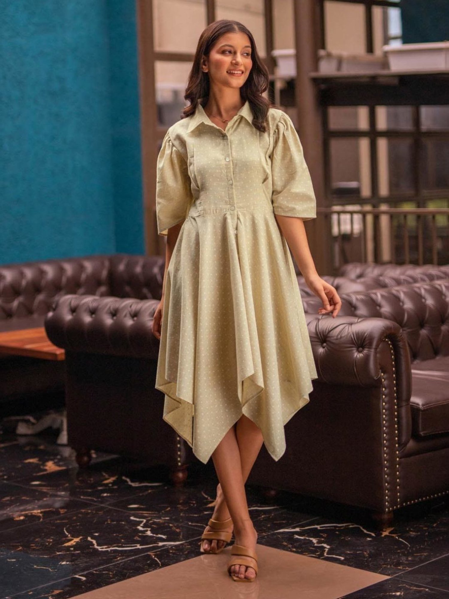 BInfinite Khaki Chambray Handkerchief Dress