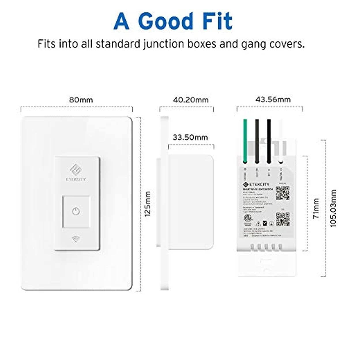 Smart Light Switch by Etekcity, WiFi Remote Control Switch with Timer, Works with Alexa, Google Home and IFTTT, Single Pole, Neutral Wire Required, No Hub Required, Easy Installation, ETL/FCC Listed