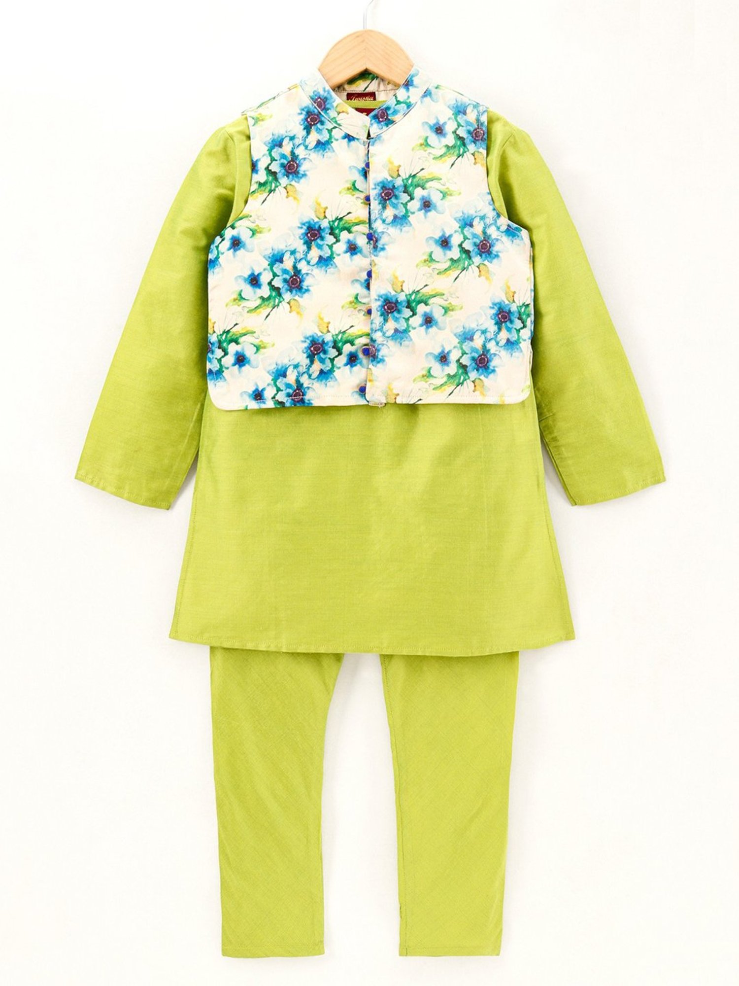 TWISHA Kids Green & White Floral Print Full Sleeves Kurta , Pyjamas with Jacket