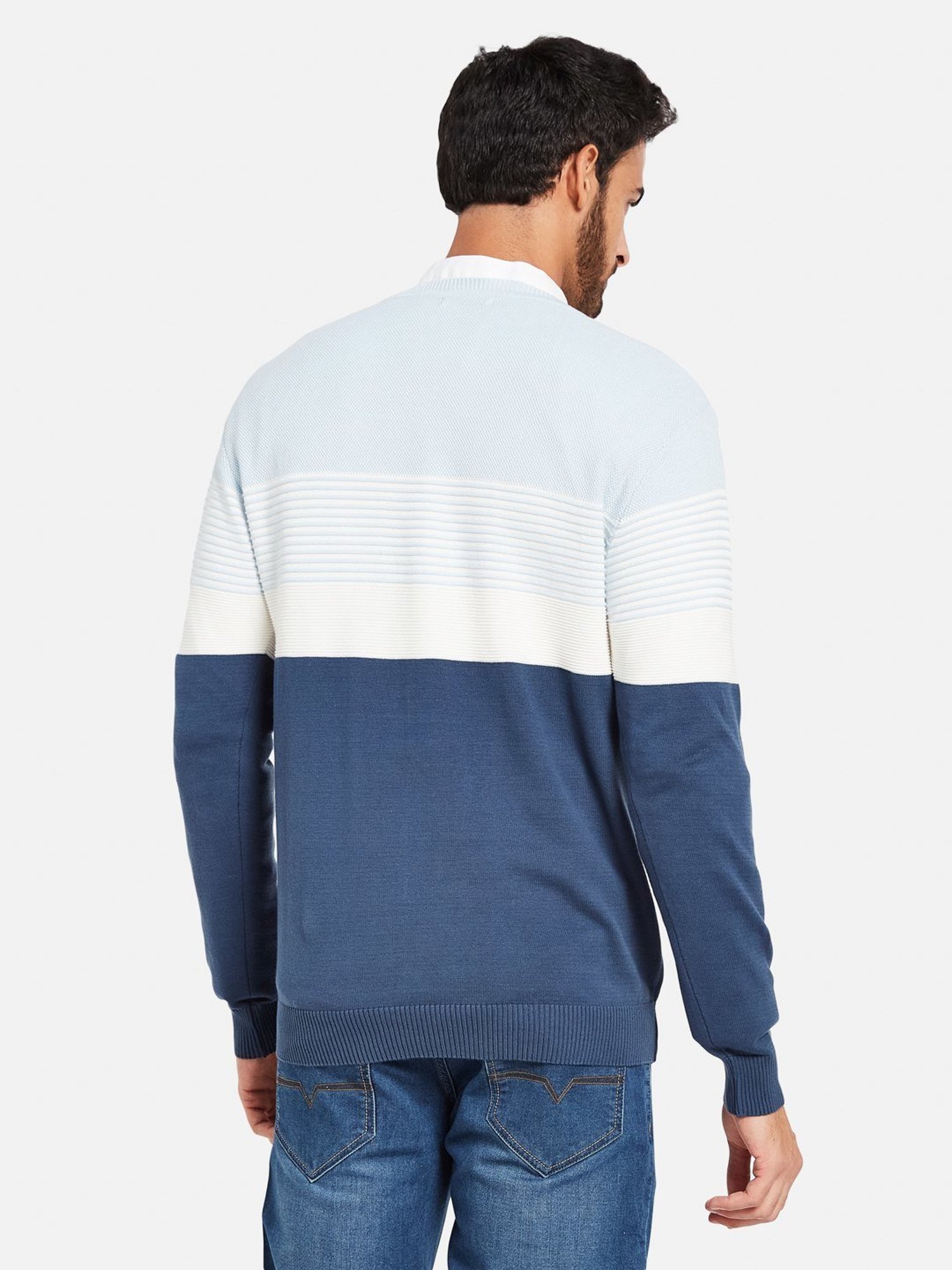 METTLE Sky Blue Cotton Regular Fit Striped Sweater