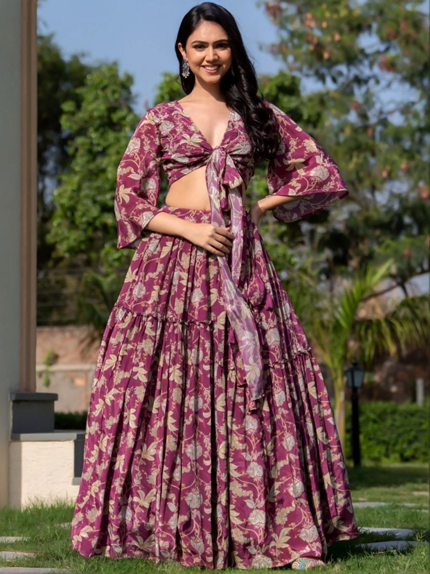 HOUSE OF JAMOTI Purple Printed Crop Top Skirt Set