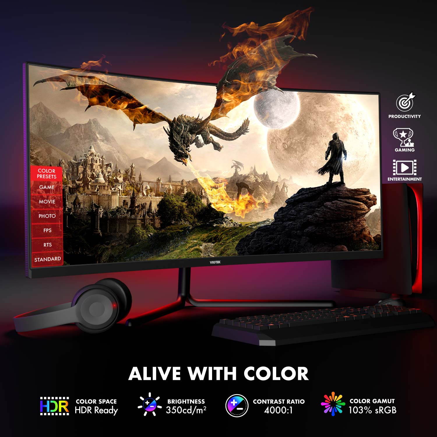 VIOTEK GNV34DBE2 34-Inch UWQHD 144Hz Multimedia Gaming Monitor, Ultrawide 21:9 3440x1440p, Low Lag 1ms MPRT, FreeSync & G-Sync-Ready, HDR, 4000:1, 2X DP 2X HDMI 1x Audio Out (VESA)