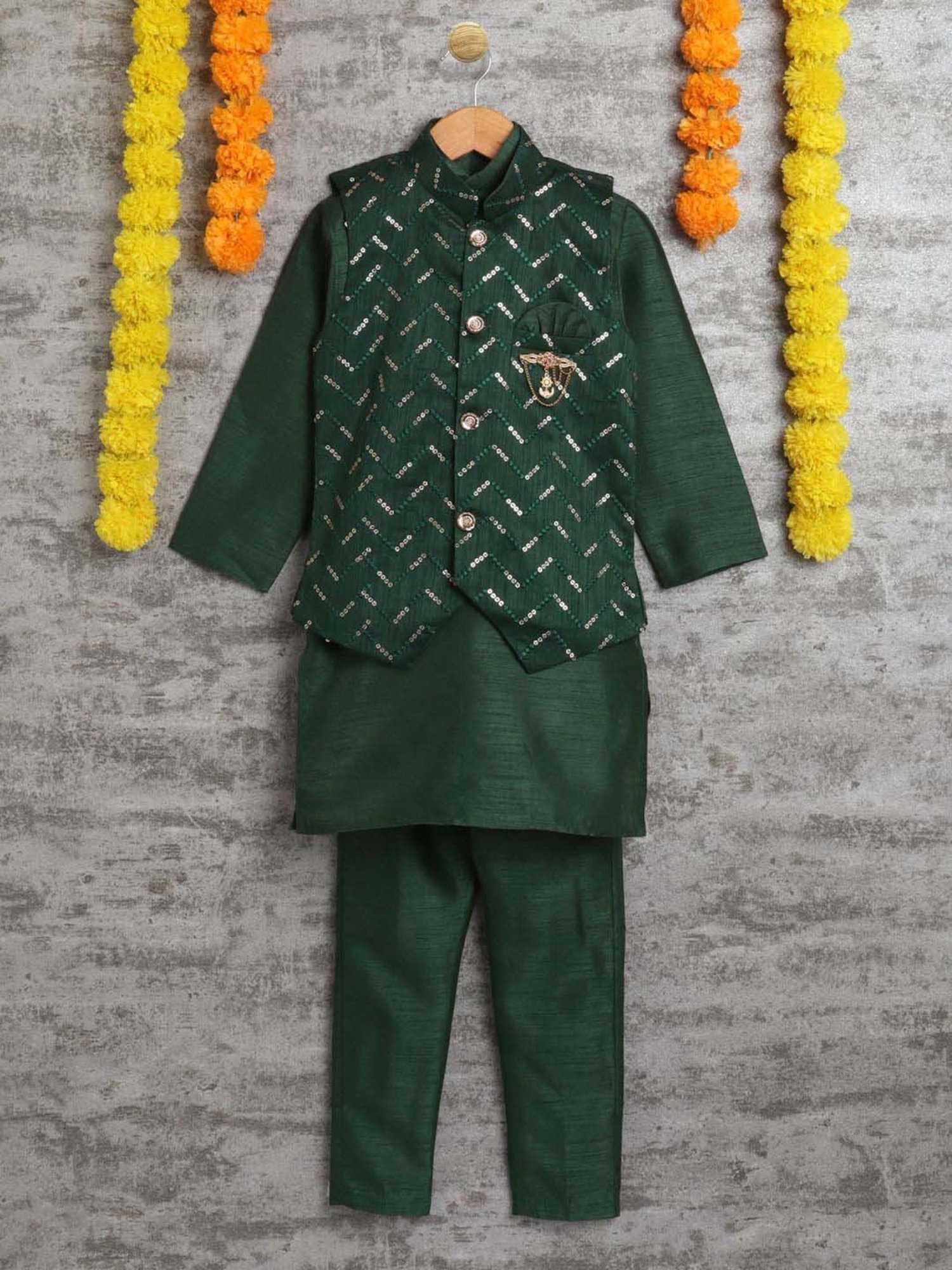 Ahhaaaa Kids Green Embellished Full Sleeves Kurta Set
