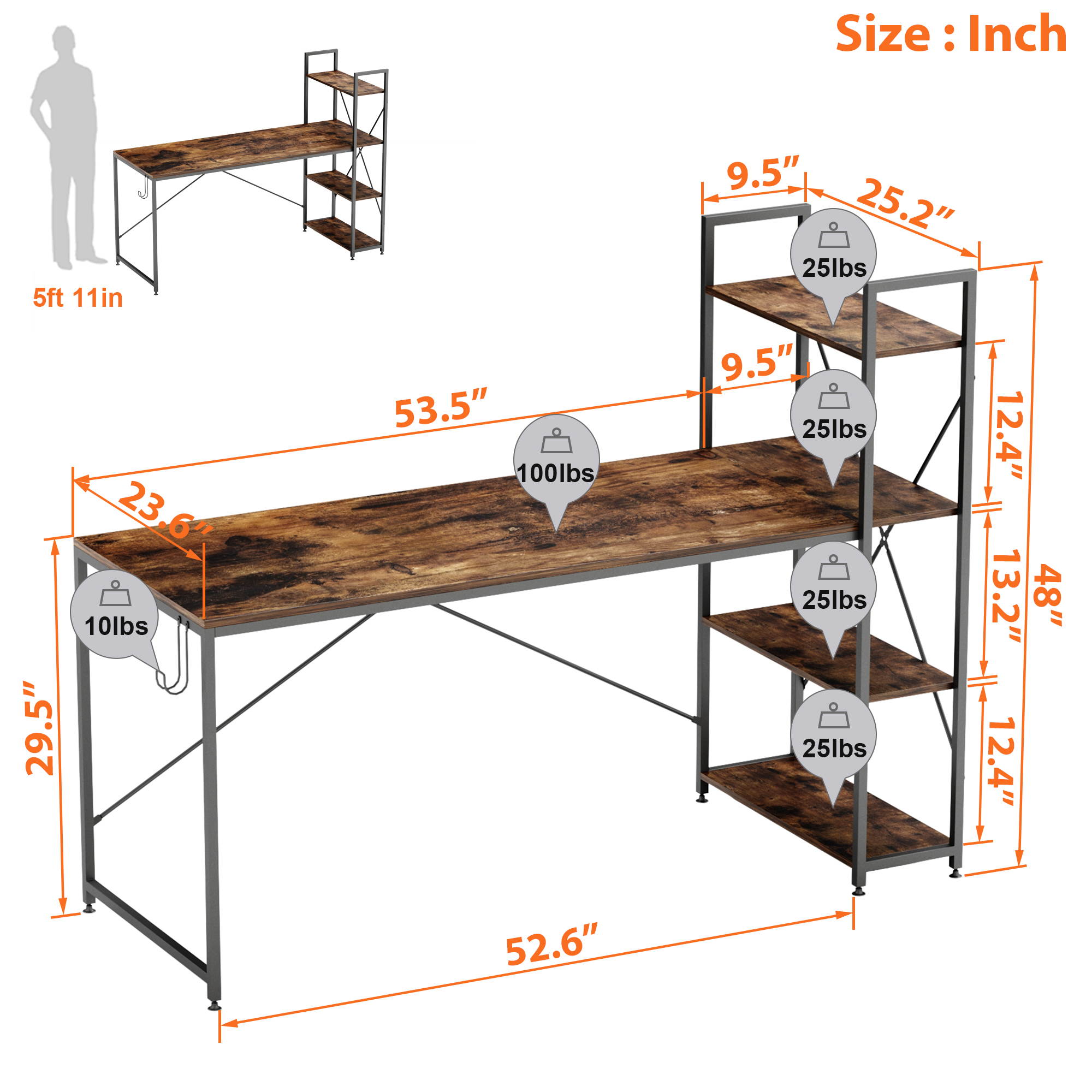 Bestier 63 Inch Computer Desk with Storage Shelves, Modern Bookshelf Desk with Headphone Hook Large Workstation Writing Desk with Reversible Bookshelves Home Office Work Table Study Desk Grey