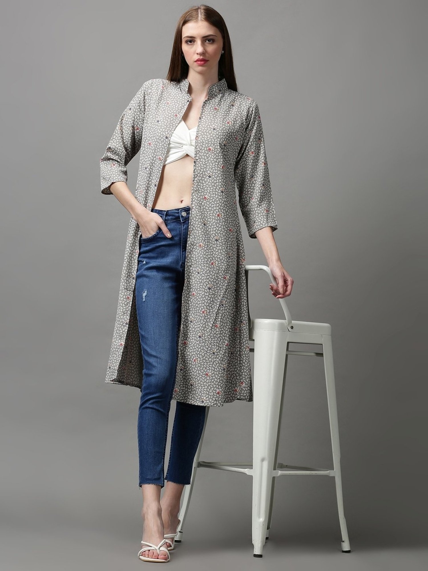 SHOWOFF Grey Printed Longline Shrug