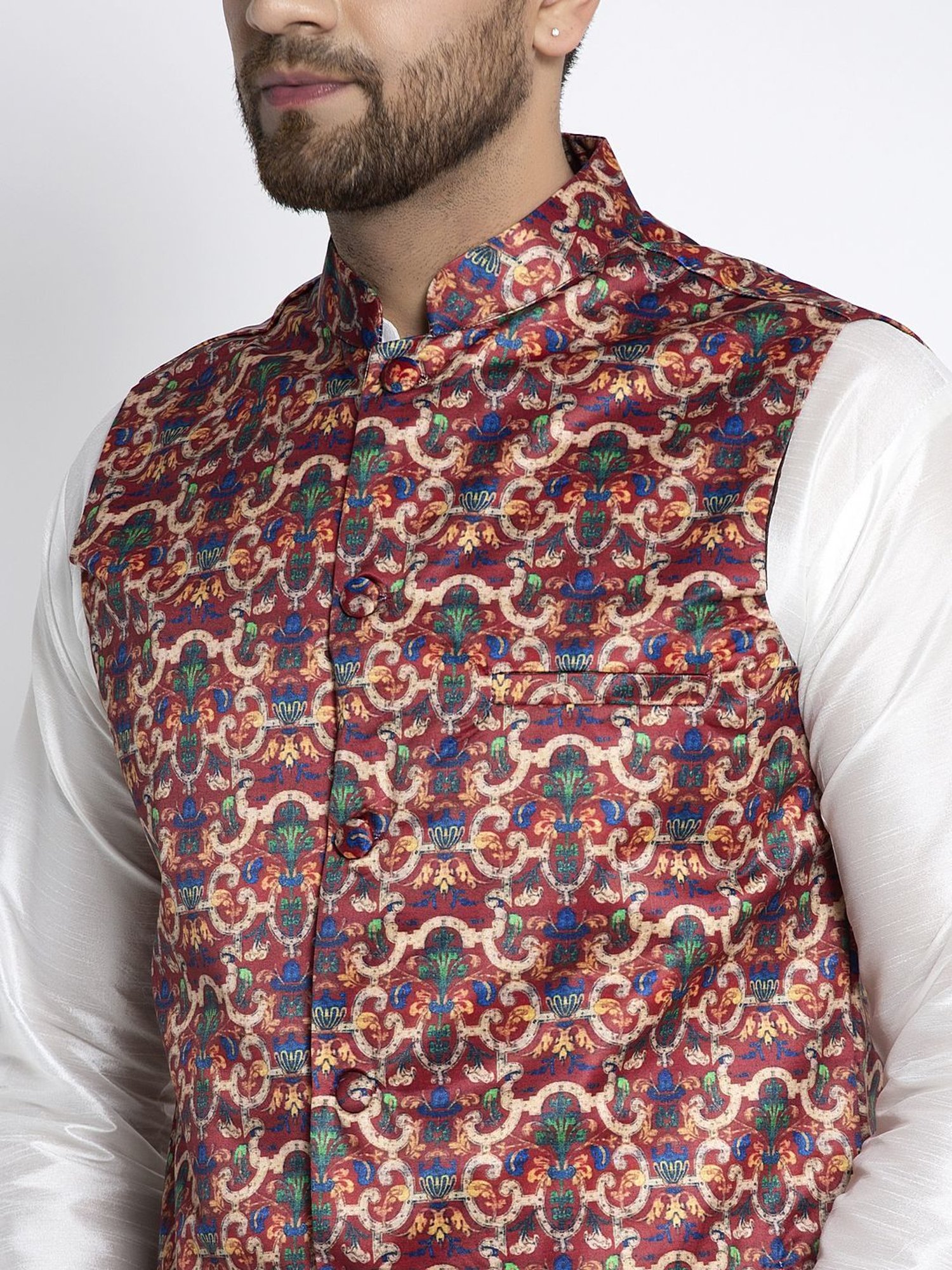 Benstoke White & Maroon Regular Fit Printed Kurta Set With Jacket