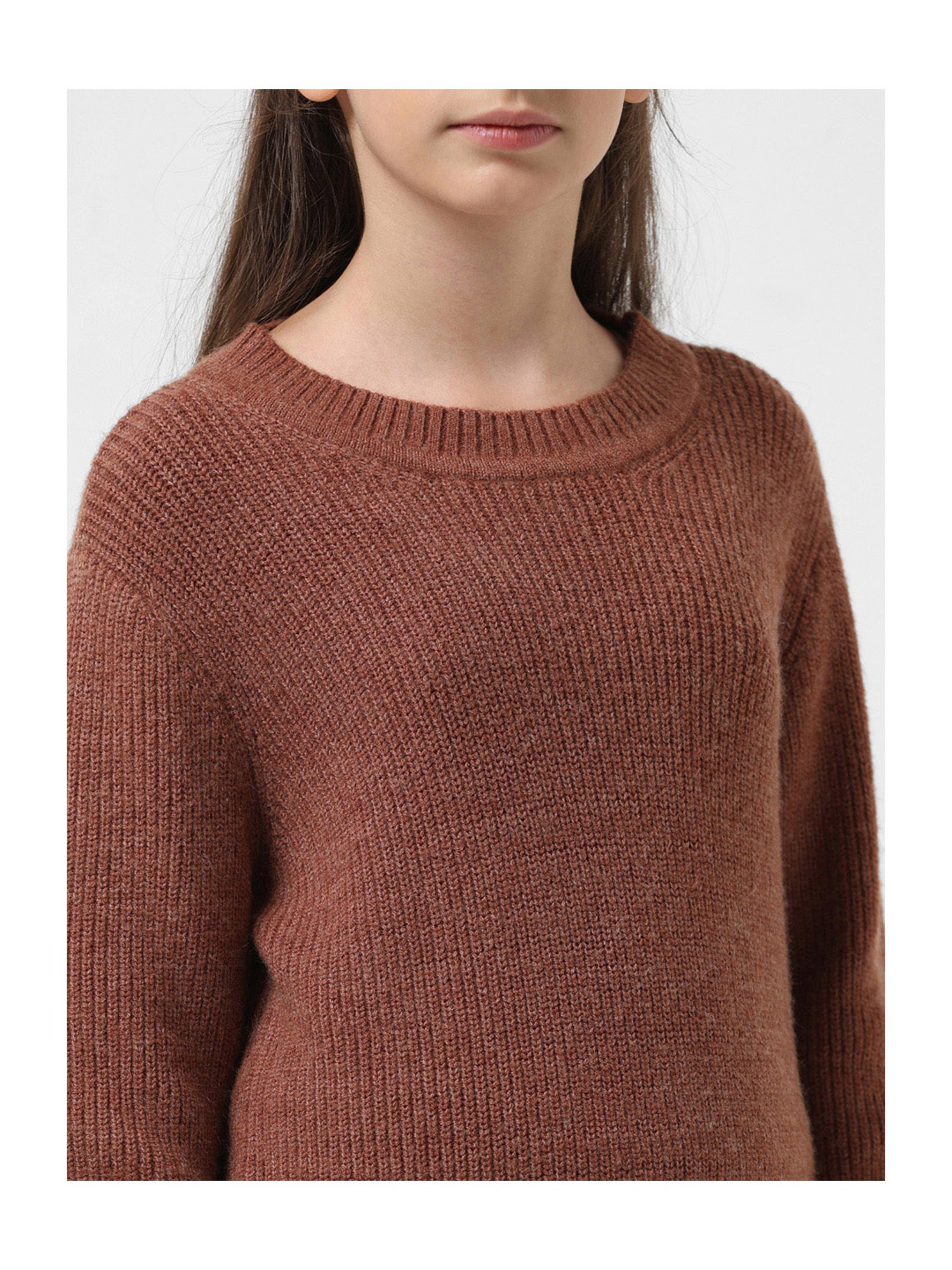 VERO MODA GIRL Brown Solid Full Sleeves Sweater