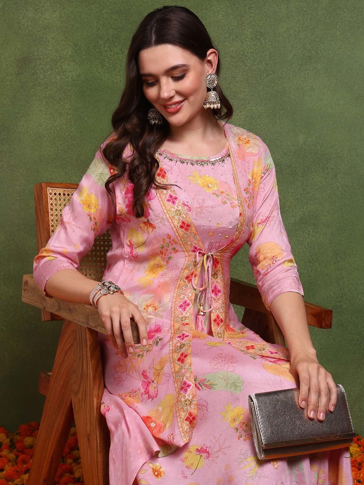 Vaamsi Pink Printed Maxi Dress With Shrug