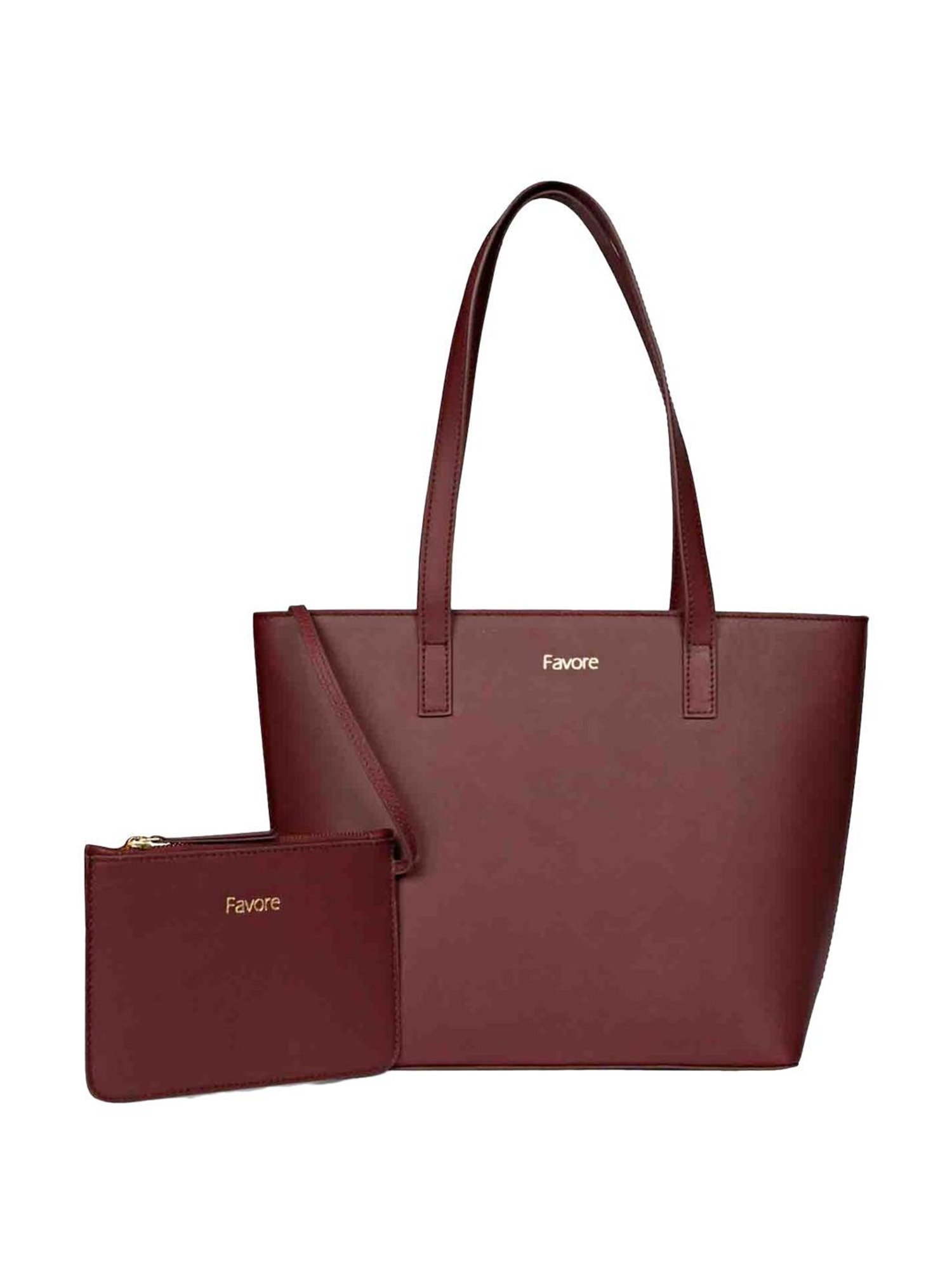 Favore Burgundy Solid Medium Tote Handbag with Pouch