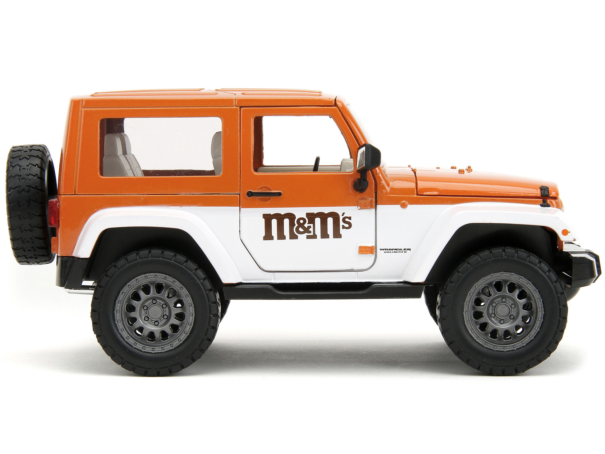 2017 Jeep Wrangler Orange Metallic and White and Orange M&M Diecast Figure "M&M's" "Hollywood Rides" Series 1/24 Diecast Model Car by Jada