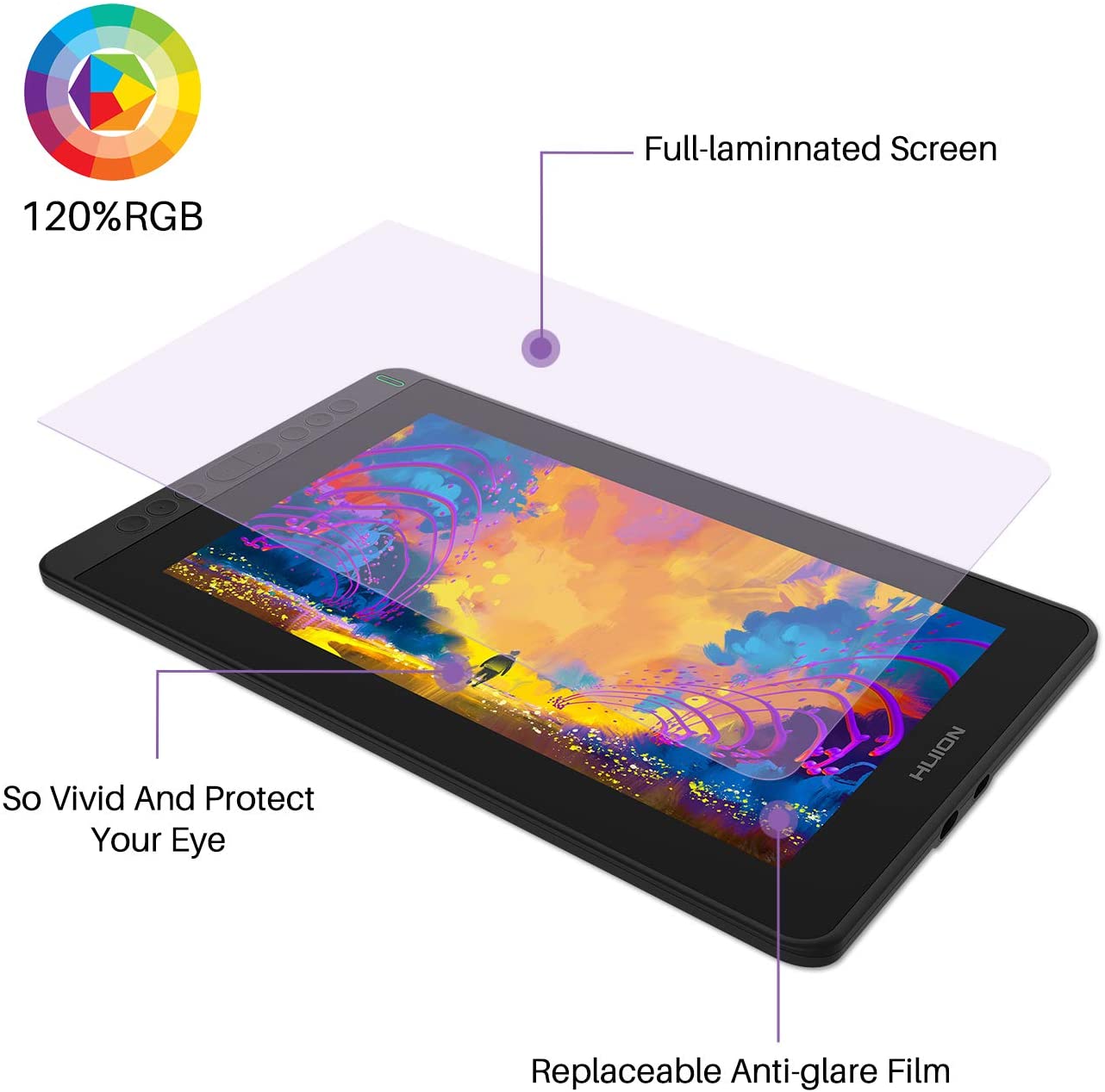 HUION 2020 Kamvas 12 Ultrathin Graphic Drawing Tablet with Screen Full-Laminated Pen Display Digital Drawing Monitor, Battery-Free Stylus, Tilt Function 8192 Pen Pressure, Stand Included-11.6 Inch