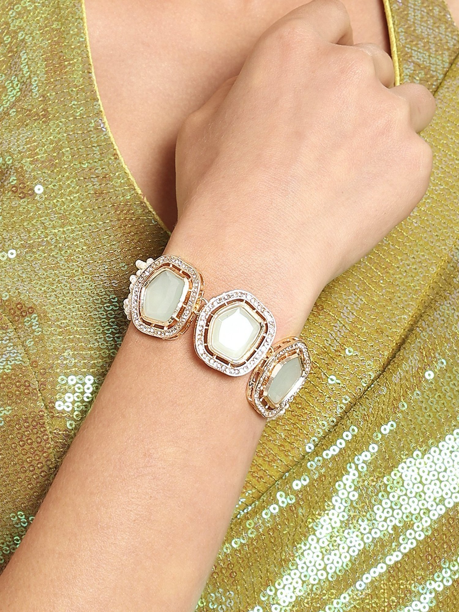 Zaveri Pearls Green Multistrand Artificial Stones & Beads Ethnic Bracelet-ZPFK16676