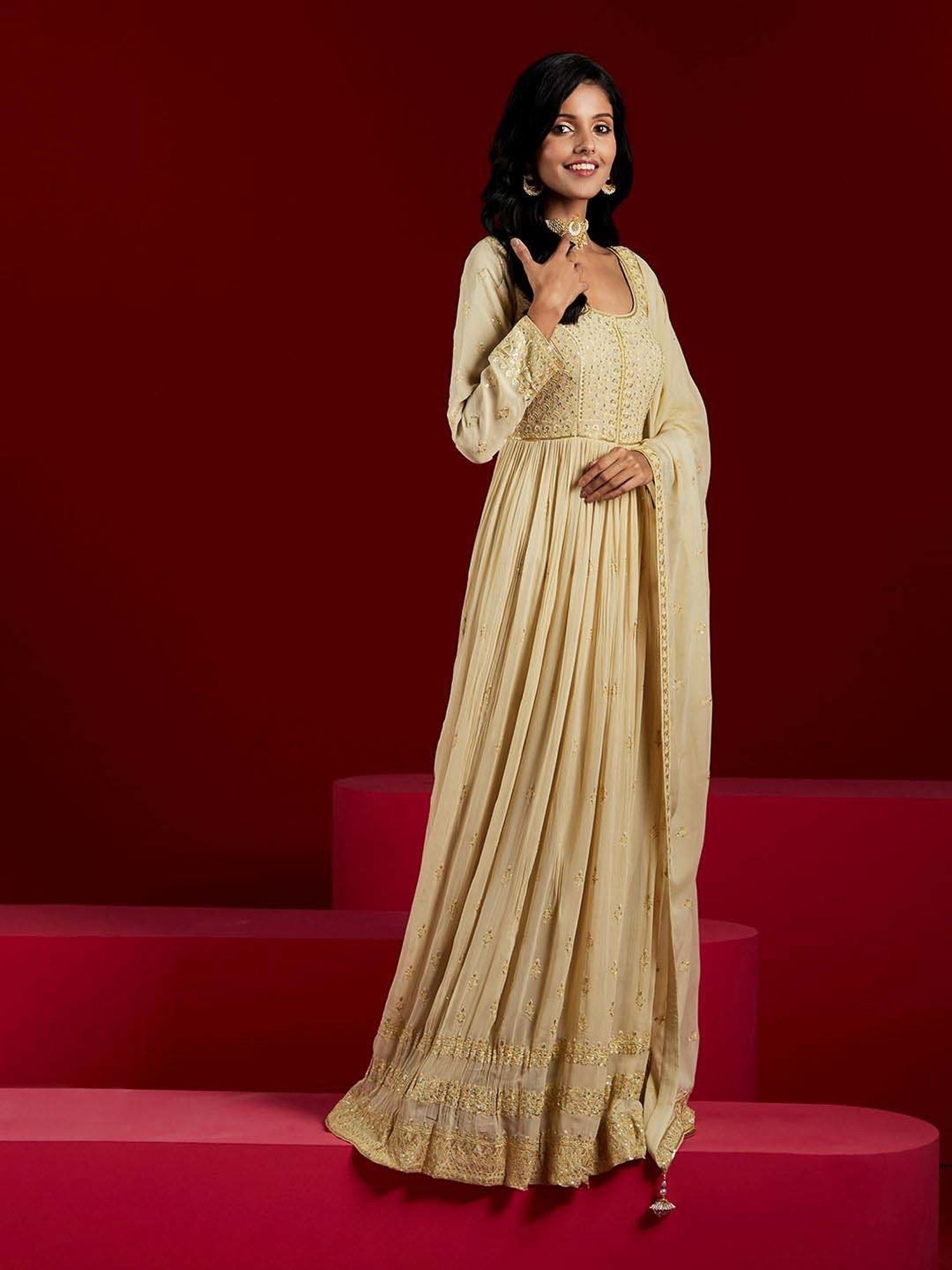 Libas Art Beige Embroidered Kurta Pant Set With Dupatta