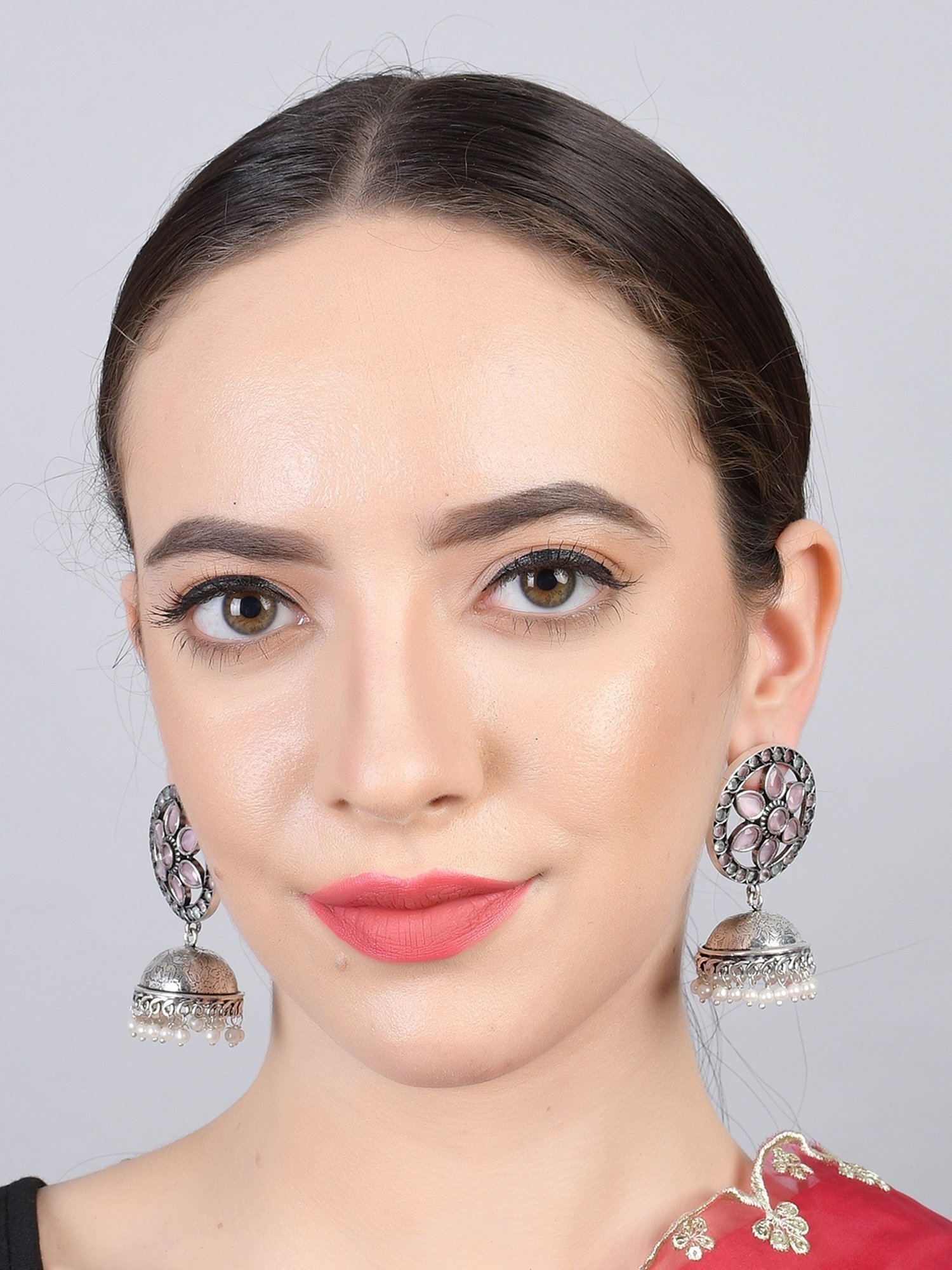 Imli Street Pink-Green Silver Tone Stone-Studded Handcrafted Jhumki Earrings