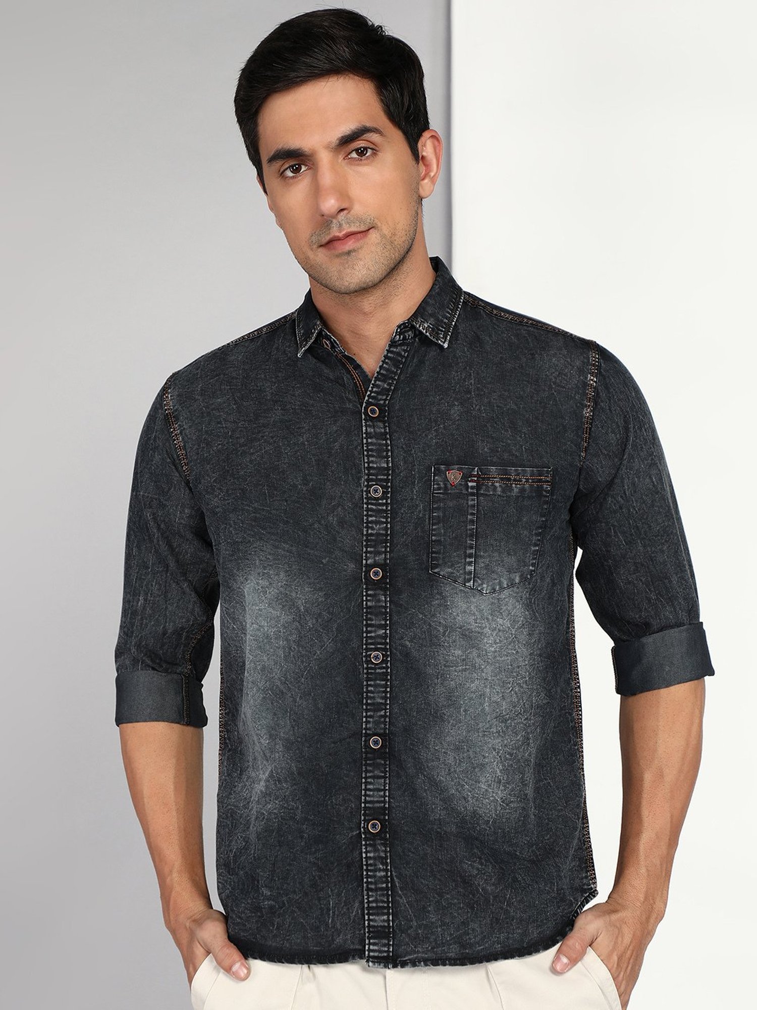 Kuons Avenue Charcoal Slim Fit Denim Shirt