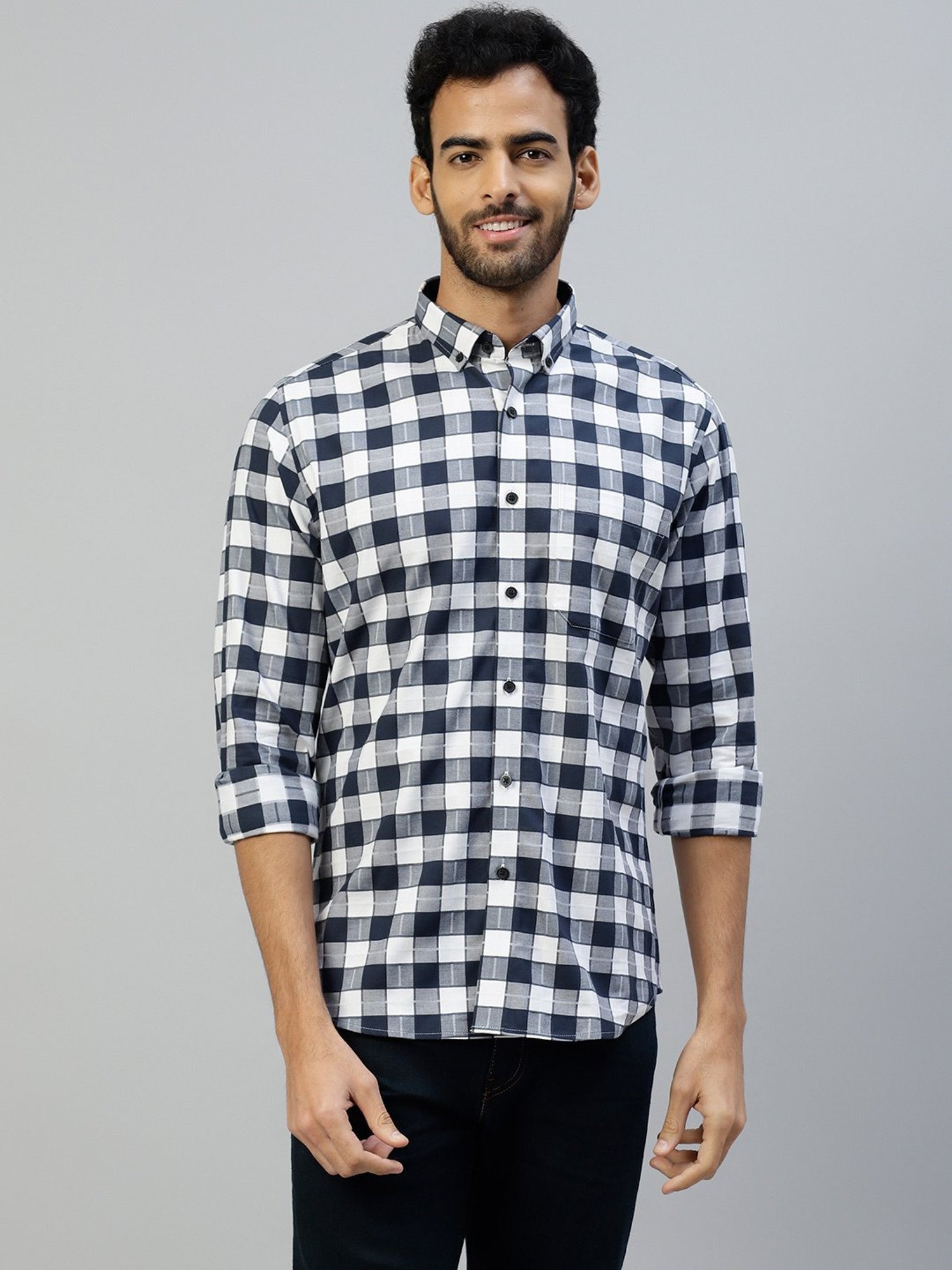 Don Vino Navy Regular Fit Check Cotton Shirt