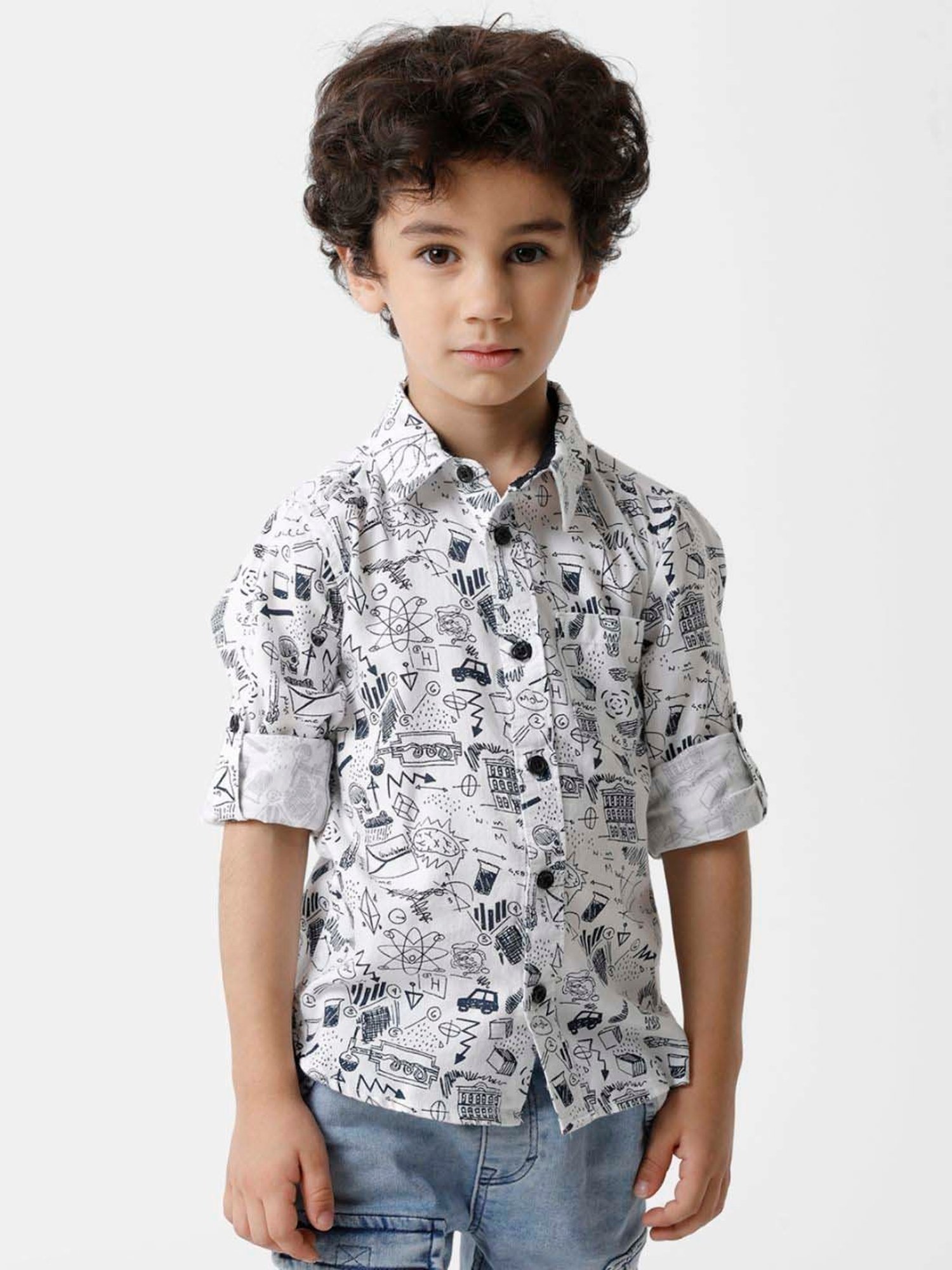 Kate & Oscar Kids White & Black Cotton Printed Full Sleeves Shirt