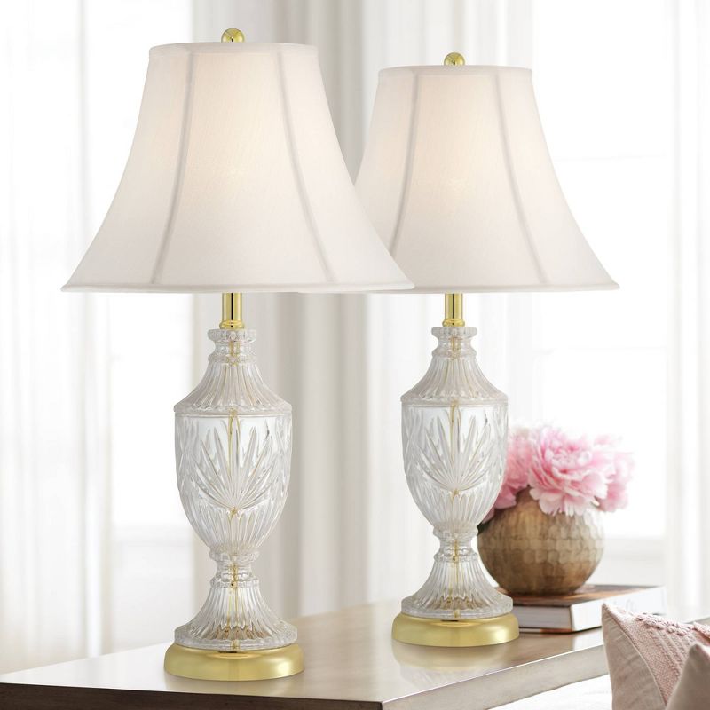 Regency Hill Traditional Table Lamps Set of 2 Cut Glass Urn Brass White Cream Bell Shade for Living Room Family Bedroom Bedside