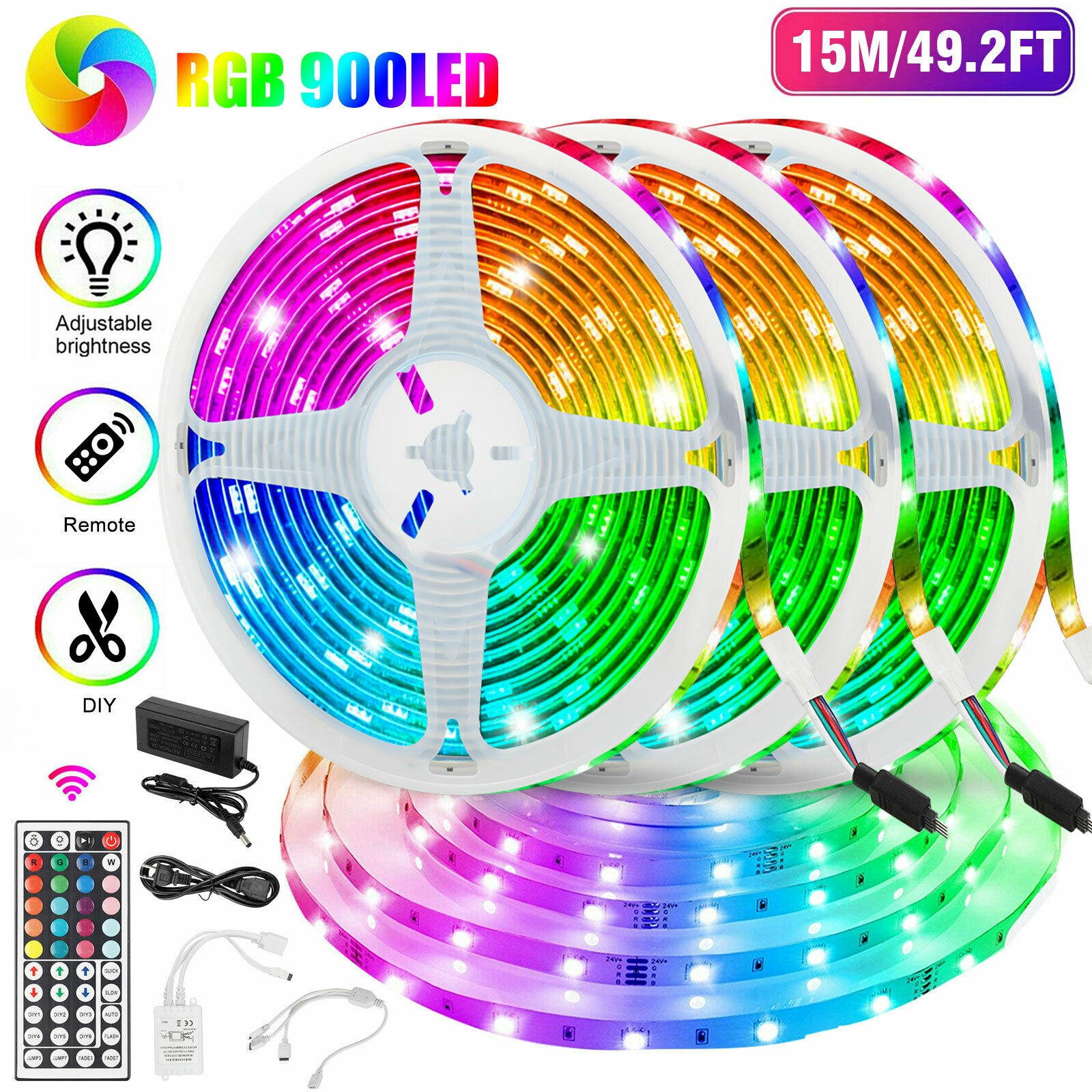 49.2ft/15M RGB Flexible 3528 SMD 900 LED Strip Light 44Key Remote 12V Power Kit