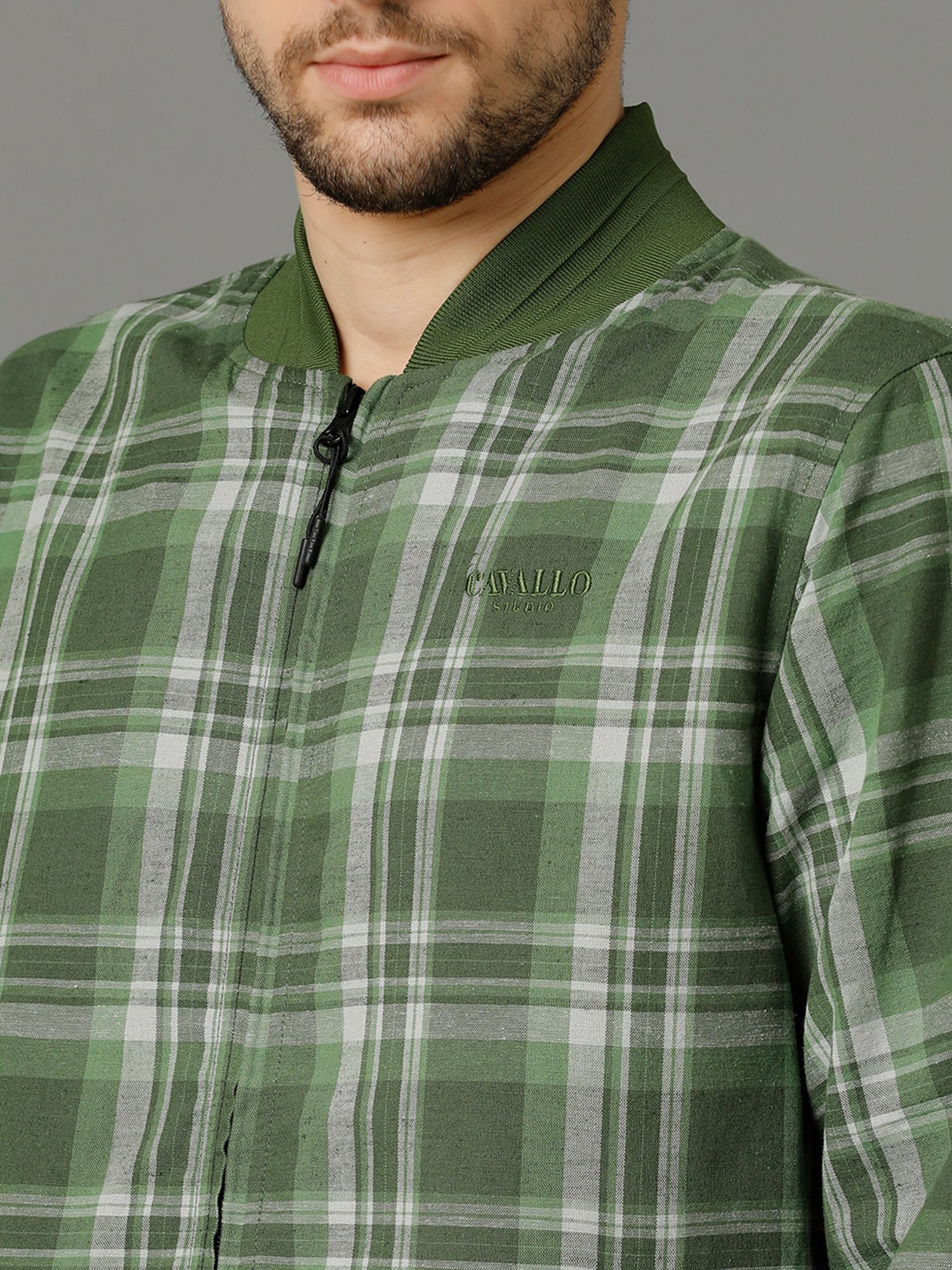 CAVALLO by Linen Club Green Regular Fit Check Cotton Linen Bomber Jacket