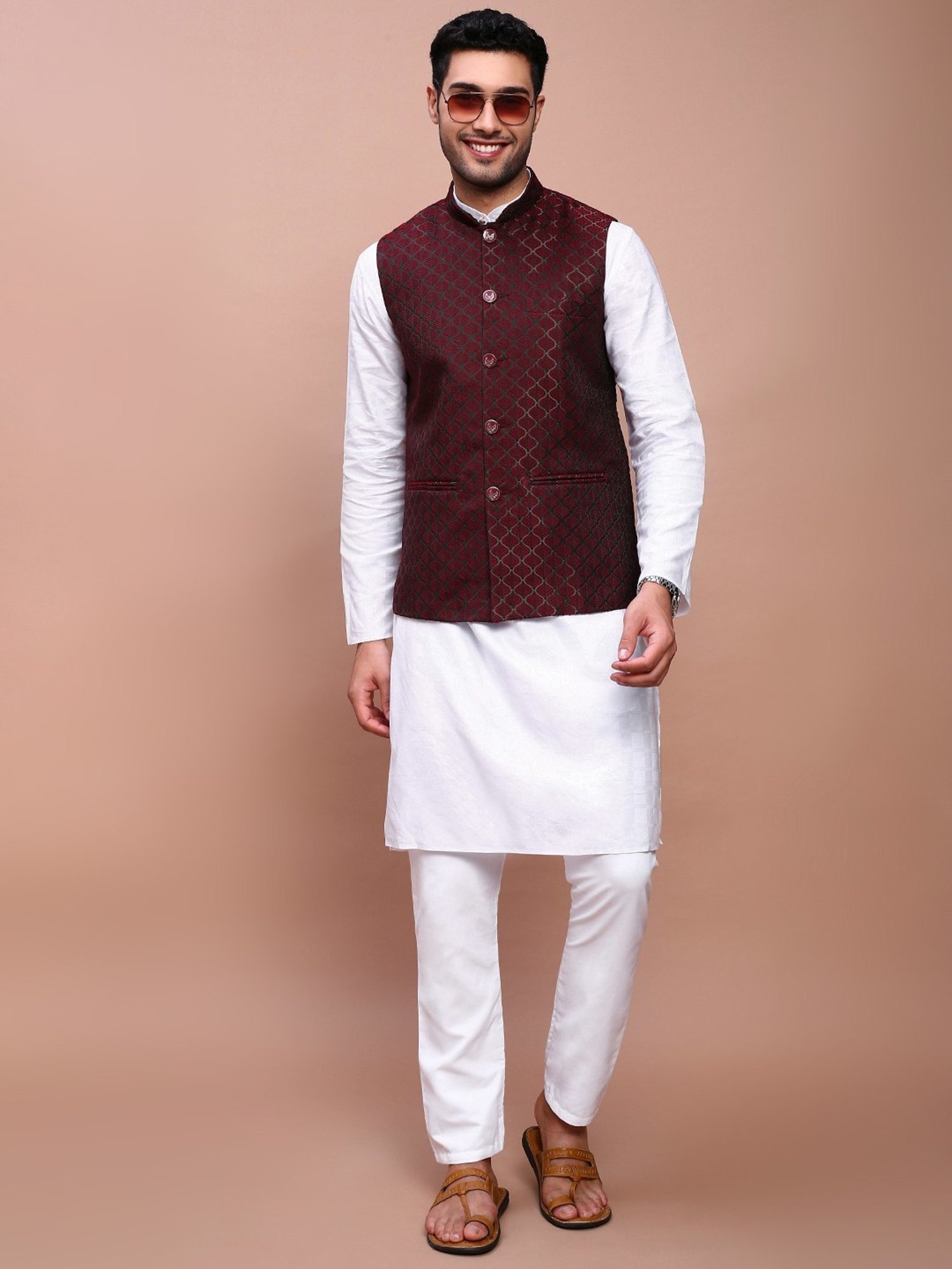 Showoff Maroon Cotton Slim Fit Self Pattern Nehru Jacket
