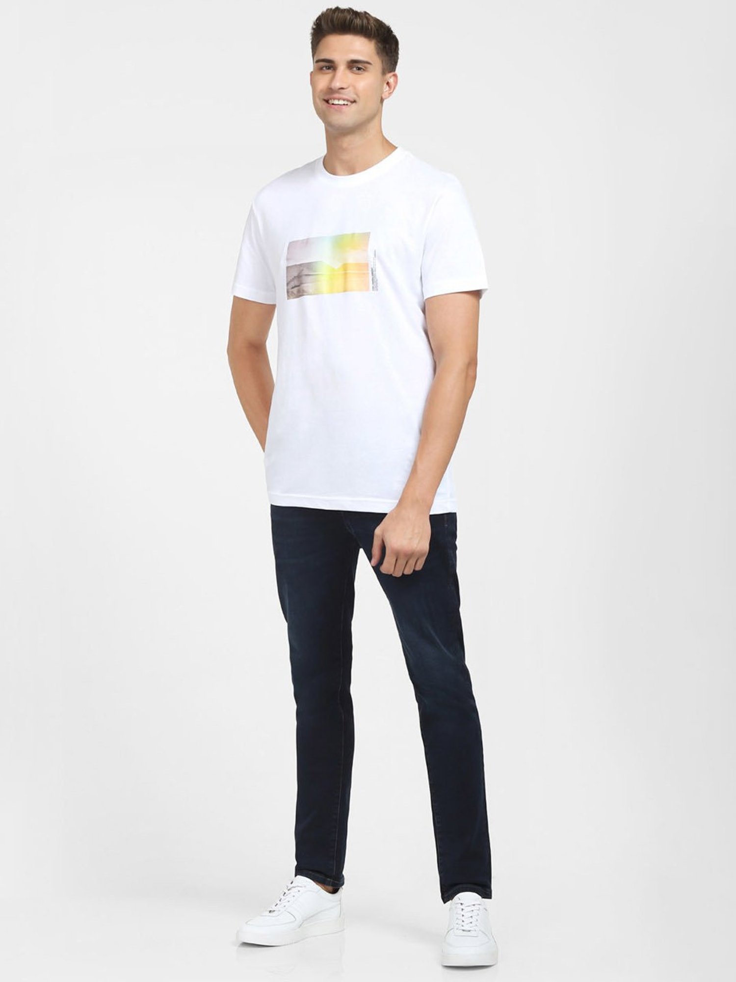 SELECTED HOMME Bright White Cotton Regular Fit Printed T-Shirt