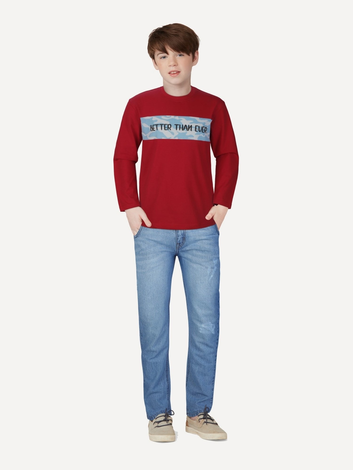 Palm Tree Kids Red Cotton Printed Full Sleeves T-Shirt