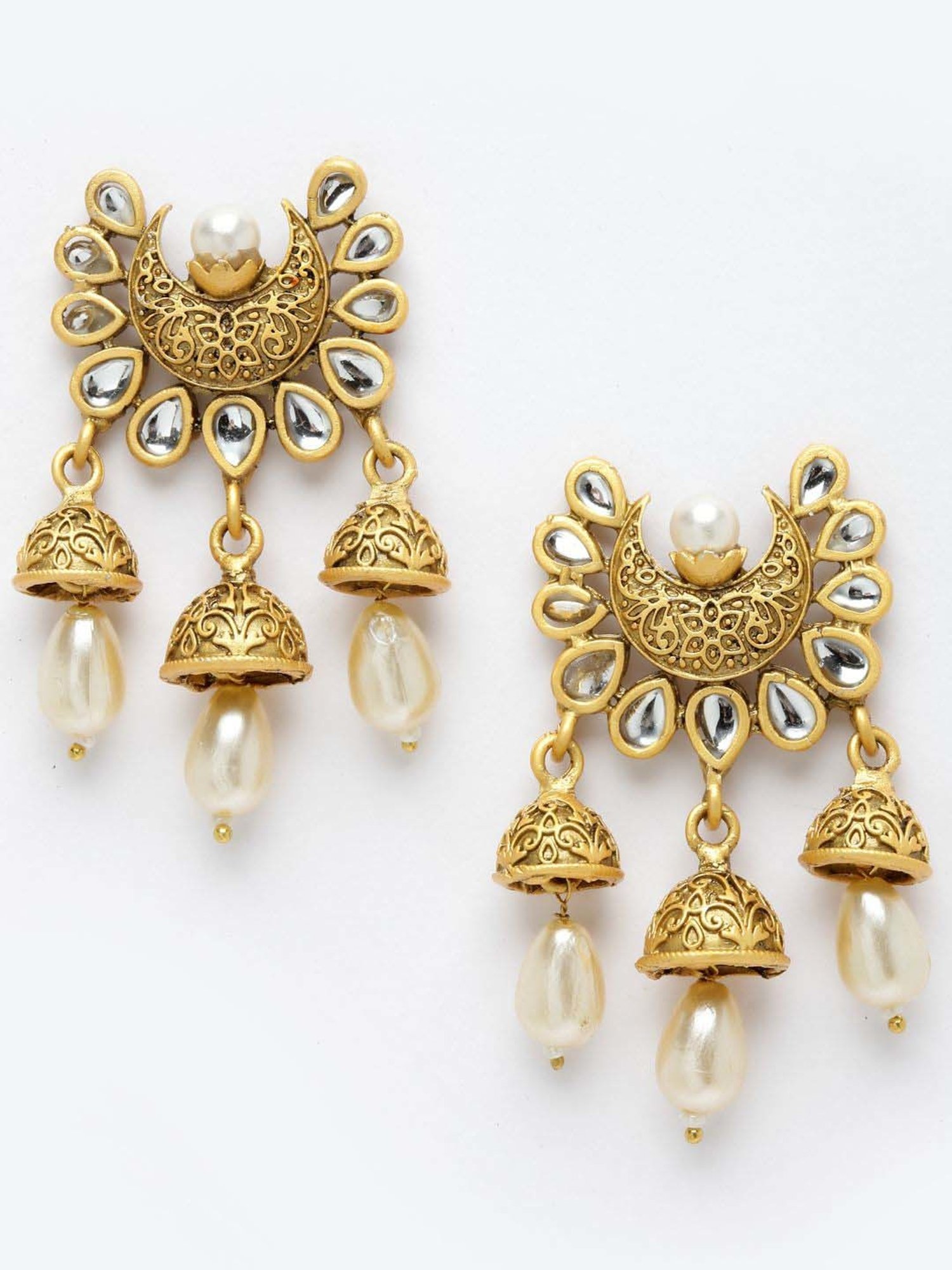 Panash Gold-Plated Kundan Crescent Shaped Handcrafted Drop Earrings